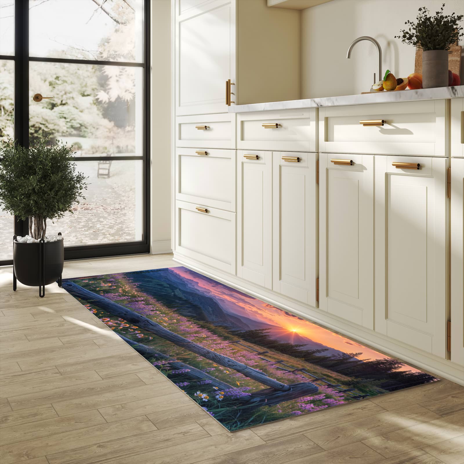 Fleckenresistenter rutschfester Küchenläufer mit Motiv Sonnenuntergang Wiese in heller Küche