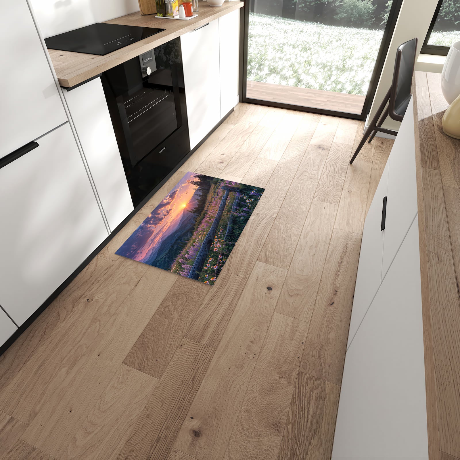 UV-beständiger waschbarer Teppich für Esstisch mit Motiv Sonnenuntergang Wiese in moderner Küche