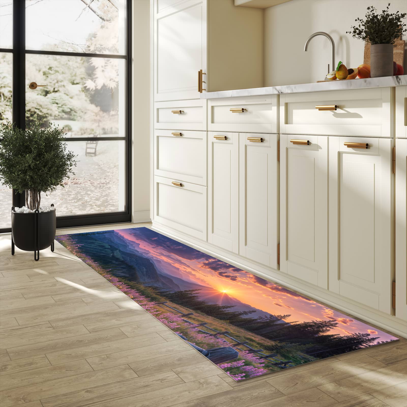 UV-beständiger Küchenläufer mit Motiv Sonnenuntergang Wiese in heller Küche