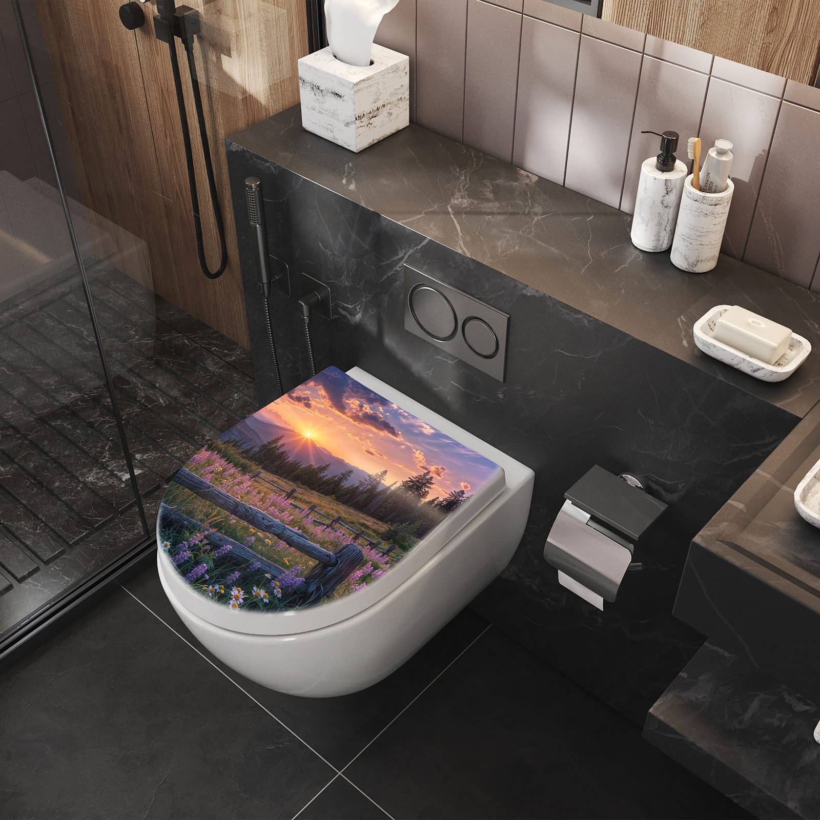 WC-Sitz mit Absenkautomatik Sonnenuntergang Wiese