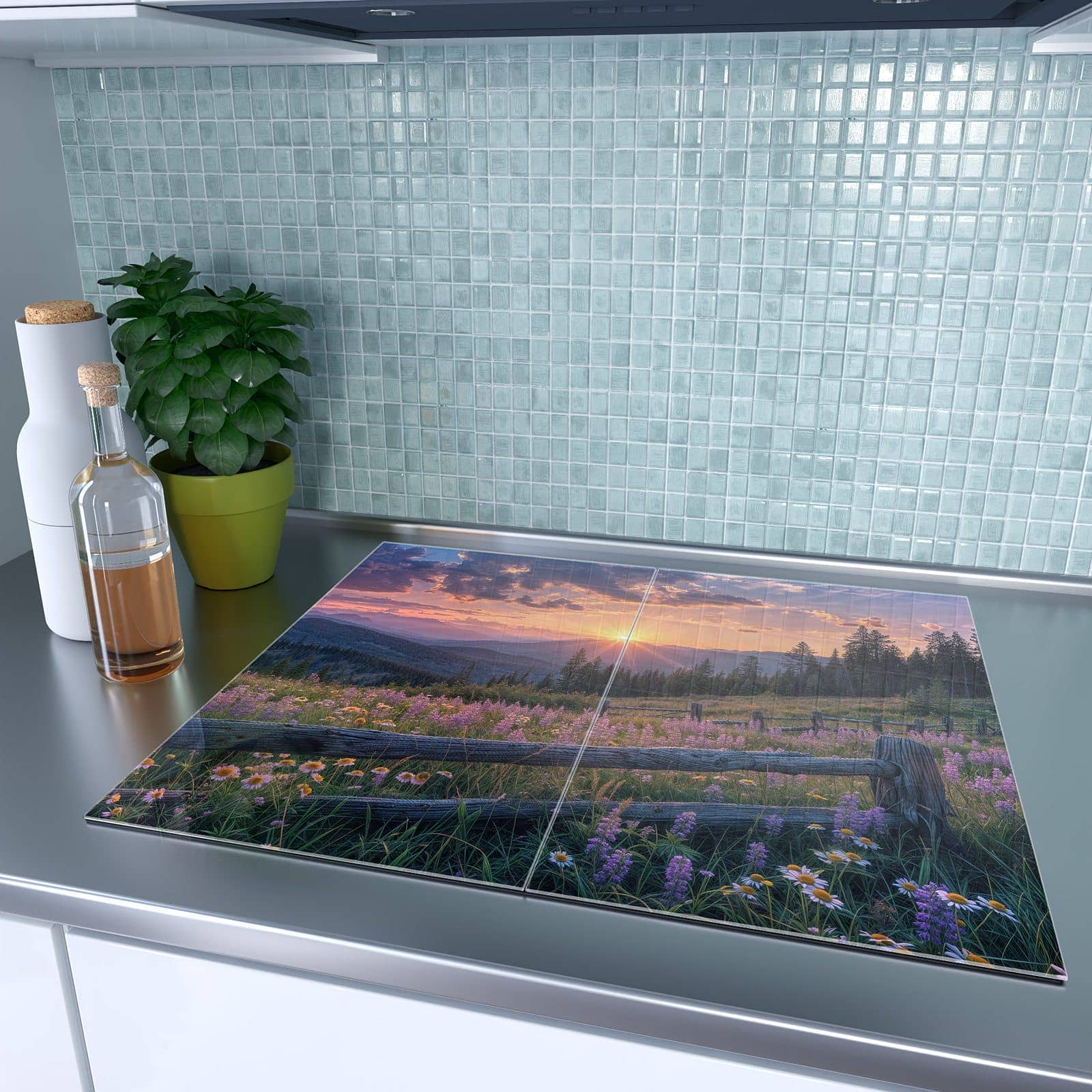 2-teilige Ceranfeld Abdeckplatten mit Sonnenuntergang Wiese-Motiv auf dem Ceranfeld