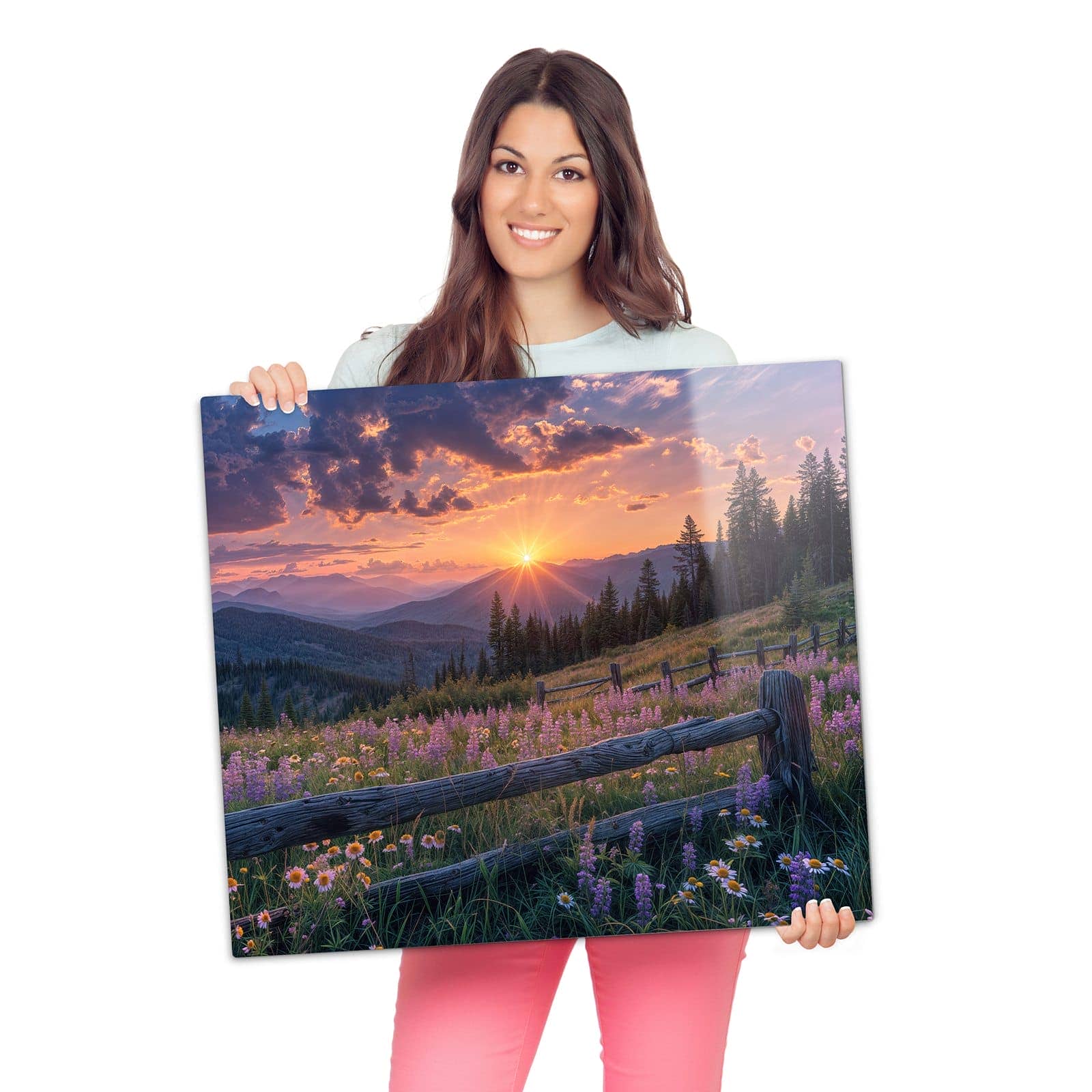 Ceranfeld Abdeckung mit Sonnenuntergang Wiese-Motiv wird zur Größendarstellung gehalten