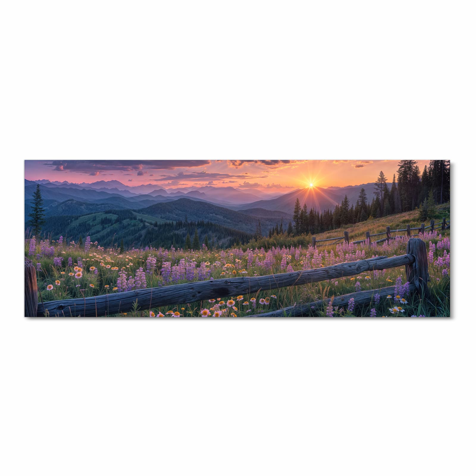 Farbbeständiger dünner Küchenteppich mit Motiv Sonnenuntergang Wiese in Frontansicht, waschbar