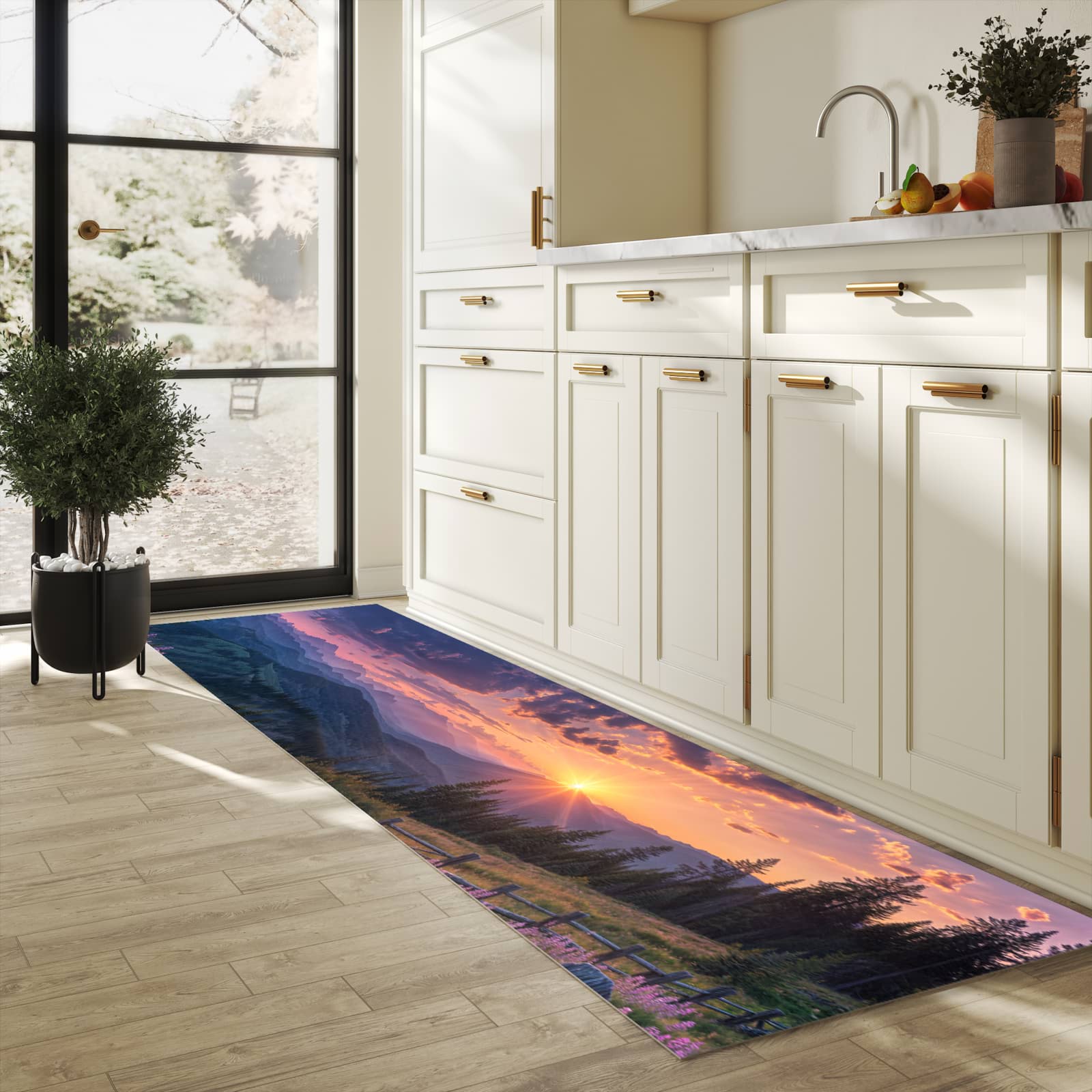 Rutschfester Küchenläufer mit Motiv Sonnenuntergang Wiese für Trittkomfort in heller Küche