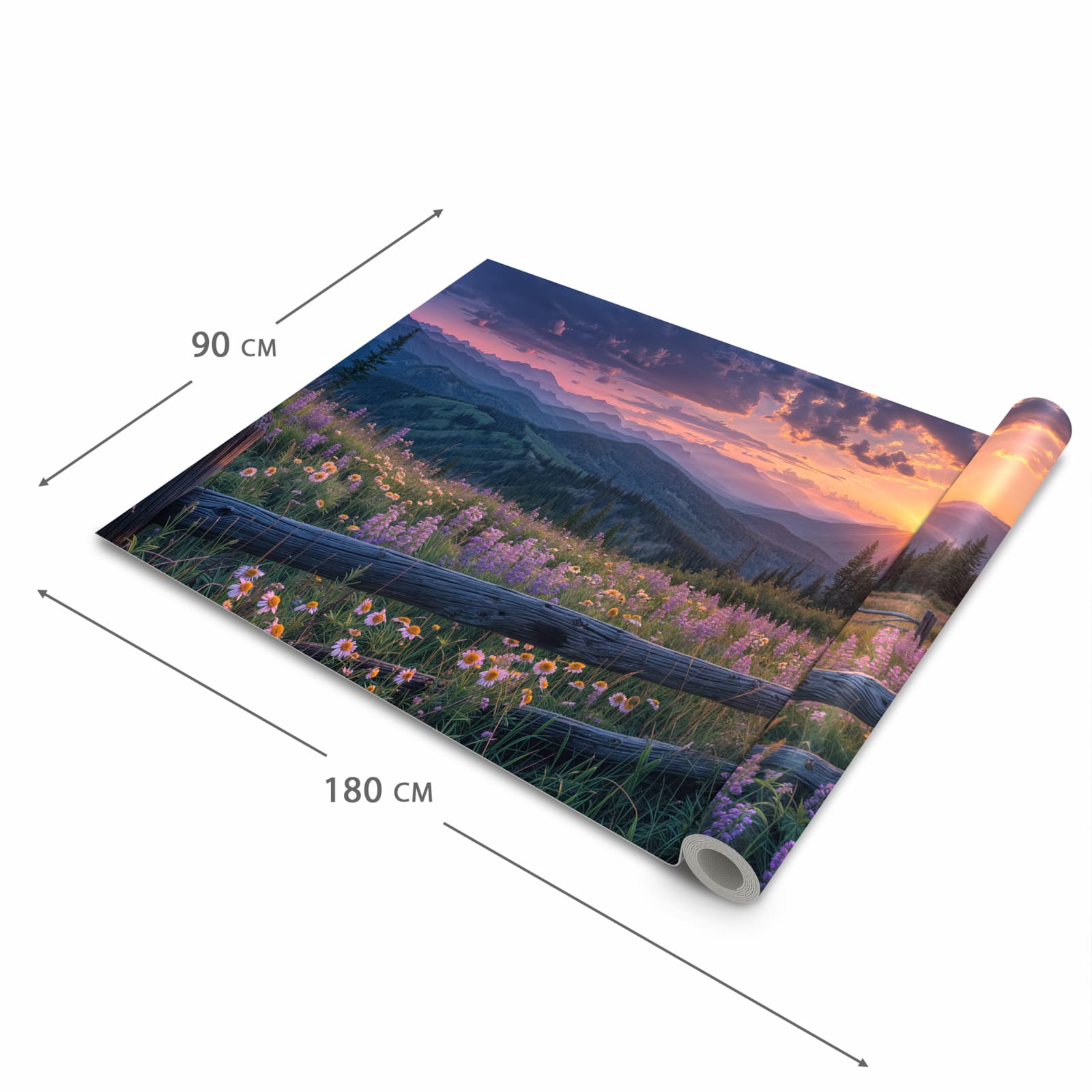 Strapazierfähiger waschbarer Teppich mit Motiv Sonnenuntergang Wiese in der Grösse 60x90 cm