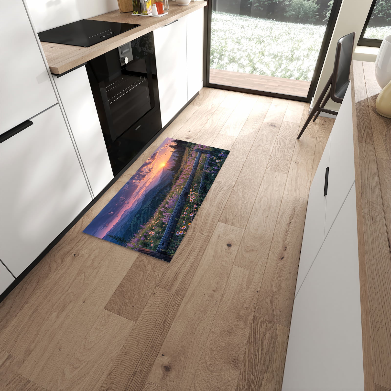 Farbbeständiger Läufer für den Eingangsbereich mit Motiv Sonnenuntergang Wiese in moderner Küche #grösse_60 x 120 cm