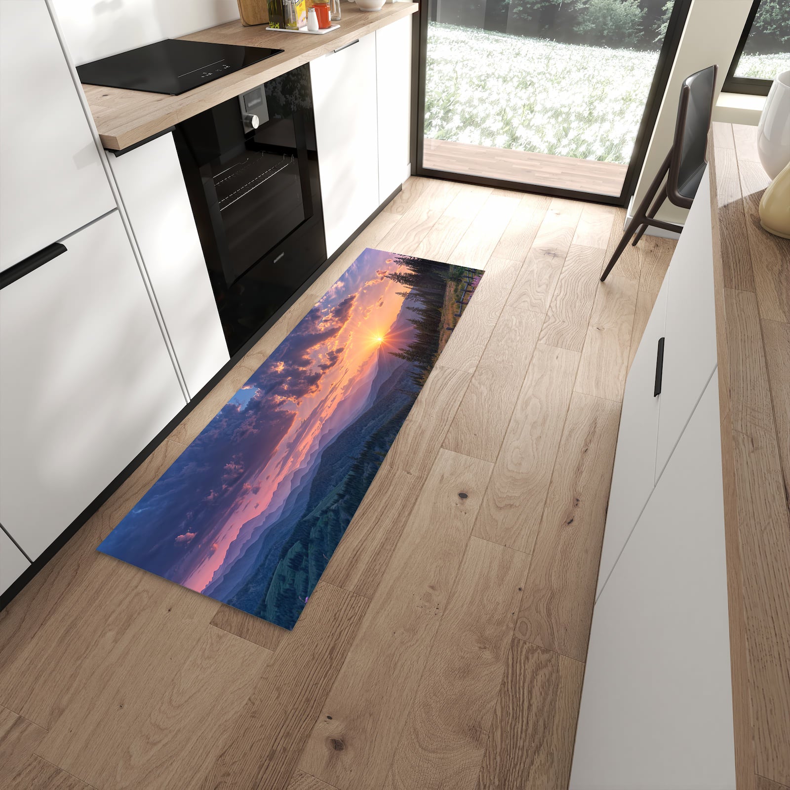 Dünner Küchenteppich mit Motiv Sonnenuntergang Wiese in moderner Küche für sicheres Aufbewahren