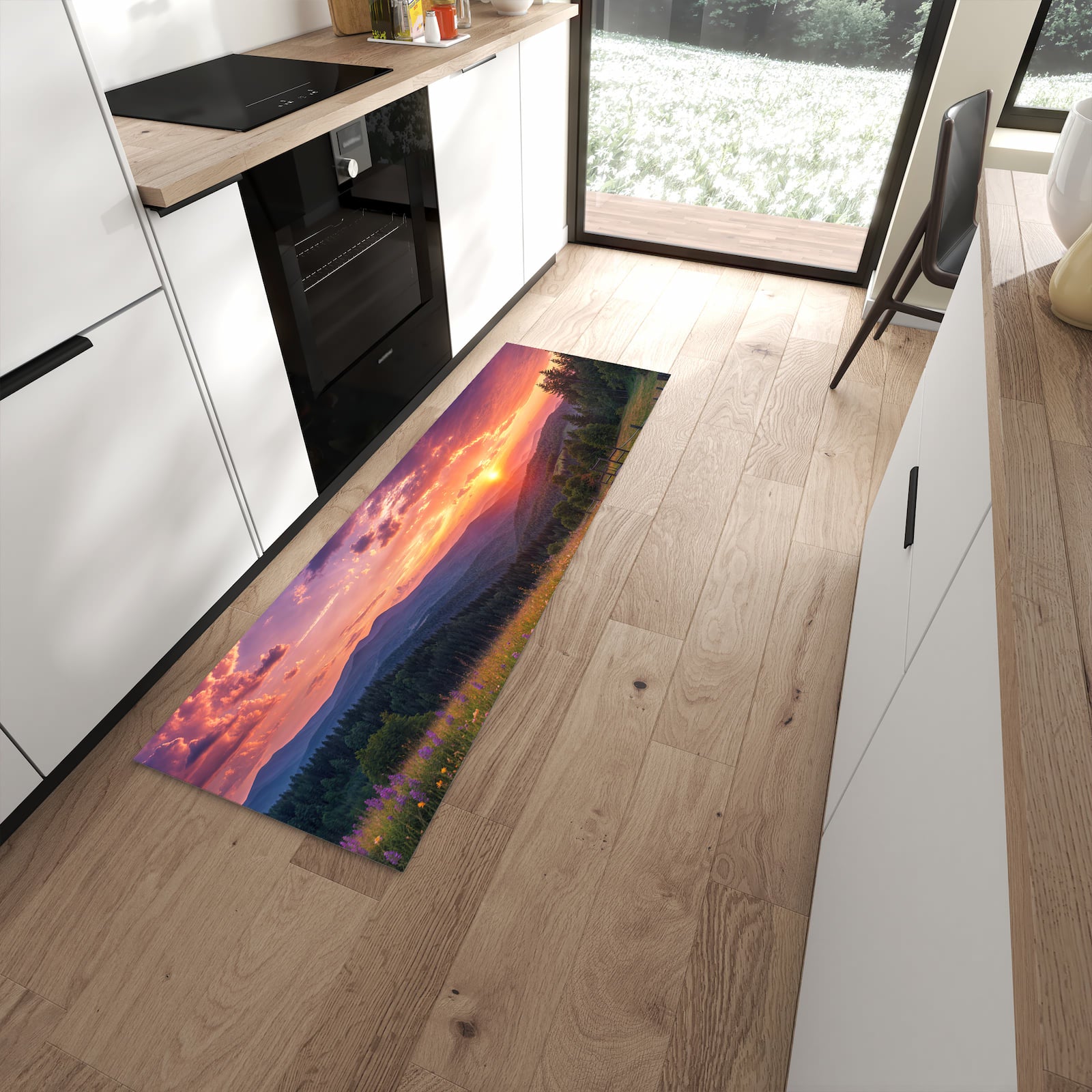 Bodenschonender Küchenläufer mit Motiv Wiese von Sonnenuntergang in moderner Küche