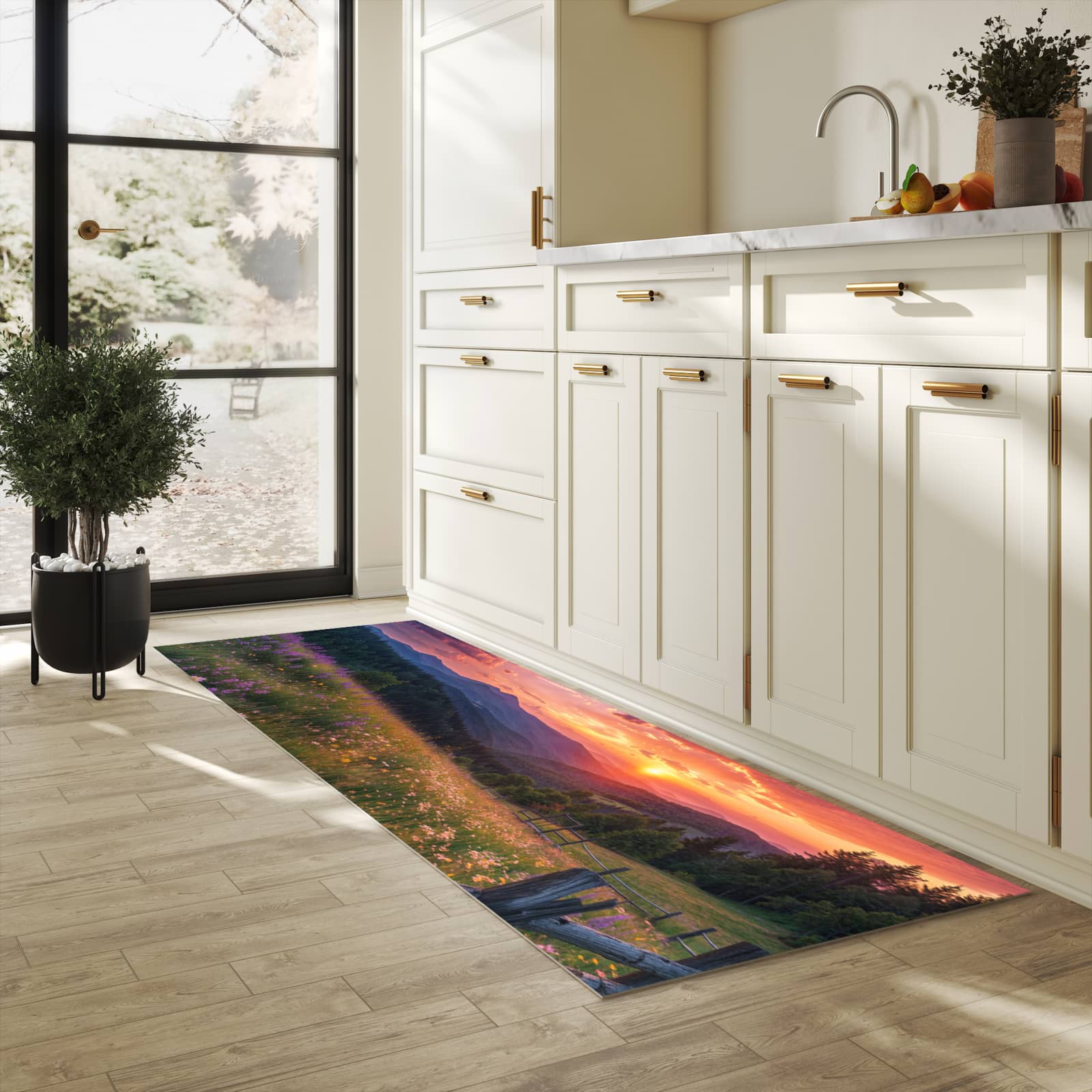 Strapazierfähiger dünner Küchenteppich mit Motiv Wiese von Sonnenuntergang in heller Küche
