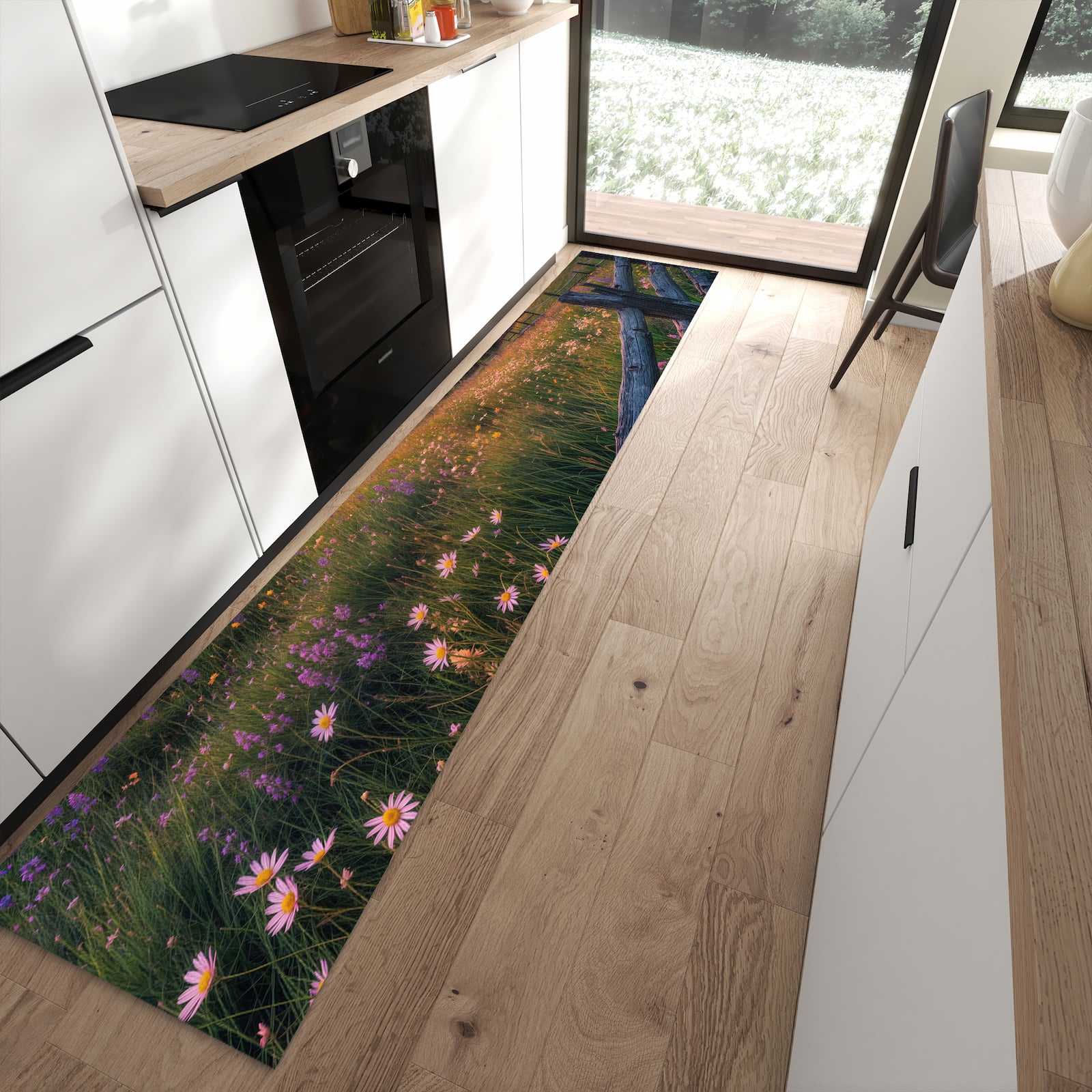 Waschbarer Küchenläufer mit Motiv Wiese von Sonnenuntergang in moderner Küche für sichere Aufbewahrung