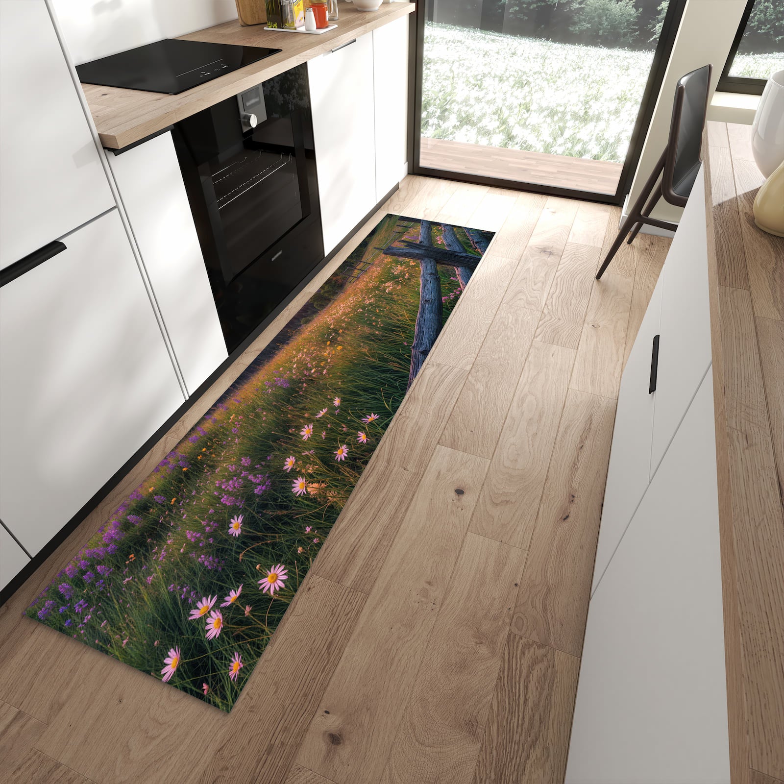 Farbbeständiger Teppichläufer mit Motiv Wiese von Sonnenuntergang in moderner Küche