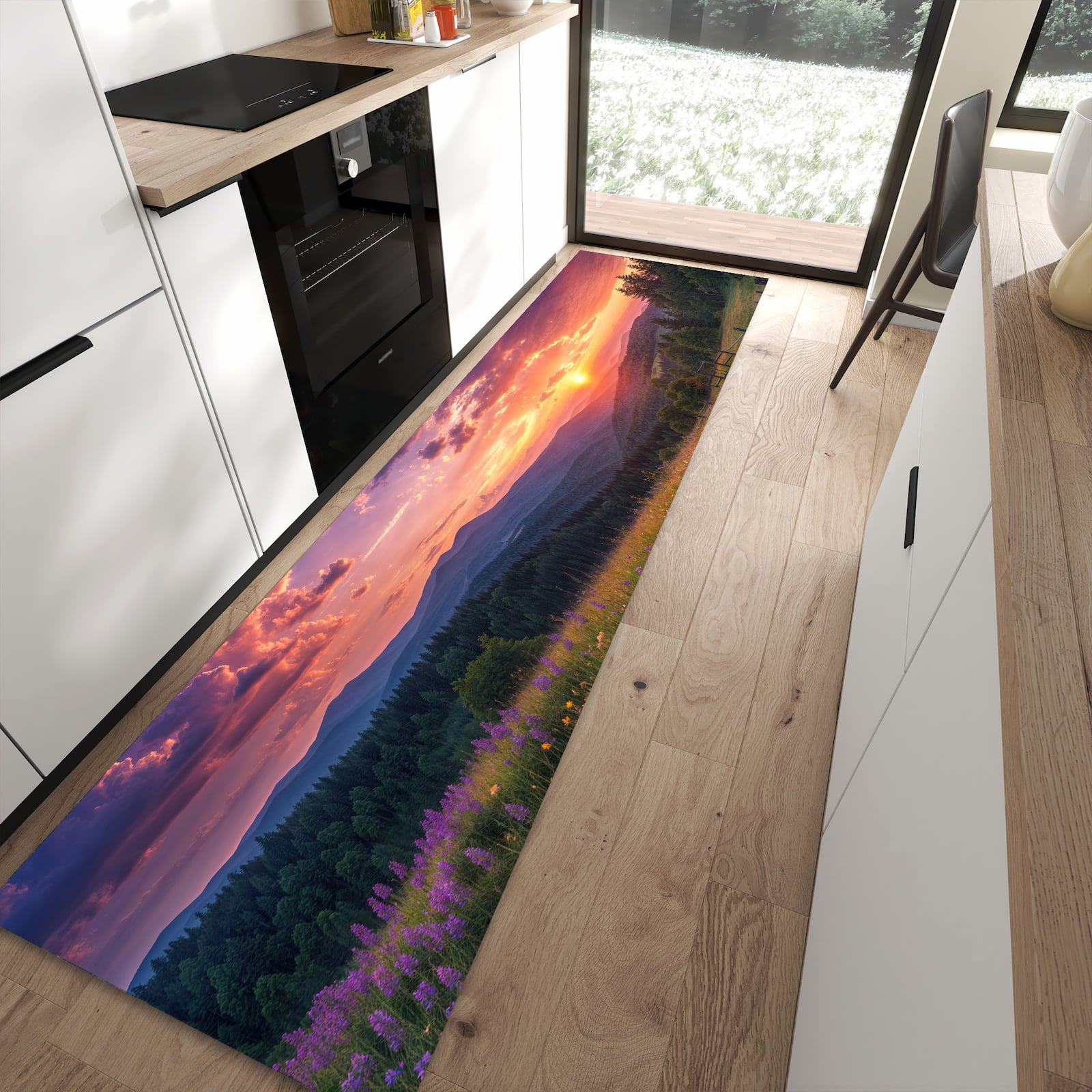 Rutschfester Küchenteppich mit Motiv Wiese von Sonnenuntergang für Trittkomfort in moderner Küche