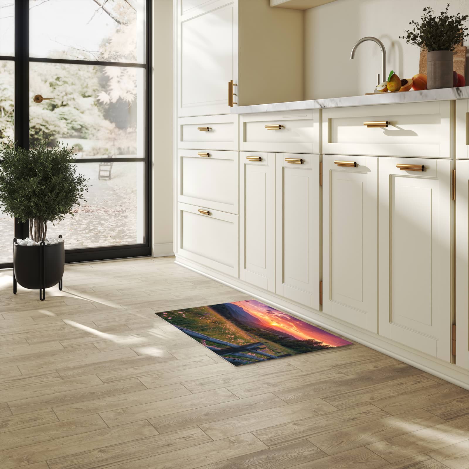 Dünner Küchenteppich mit Motiv Wiese von Sonnenuntergang in heller Küche für angenehme Haptik