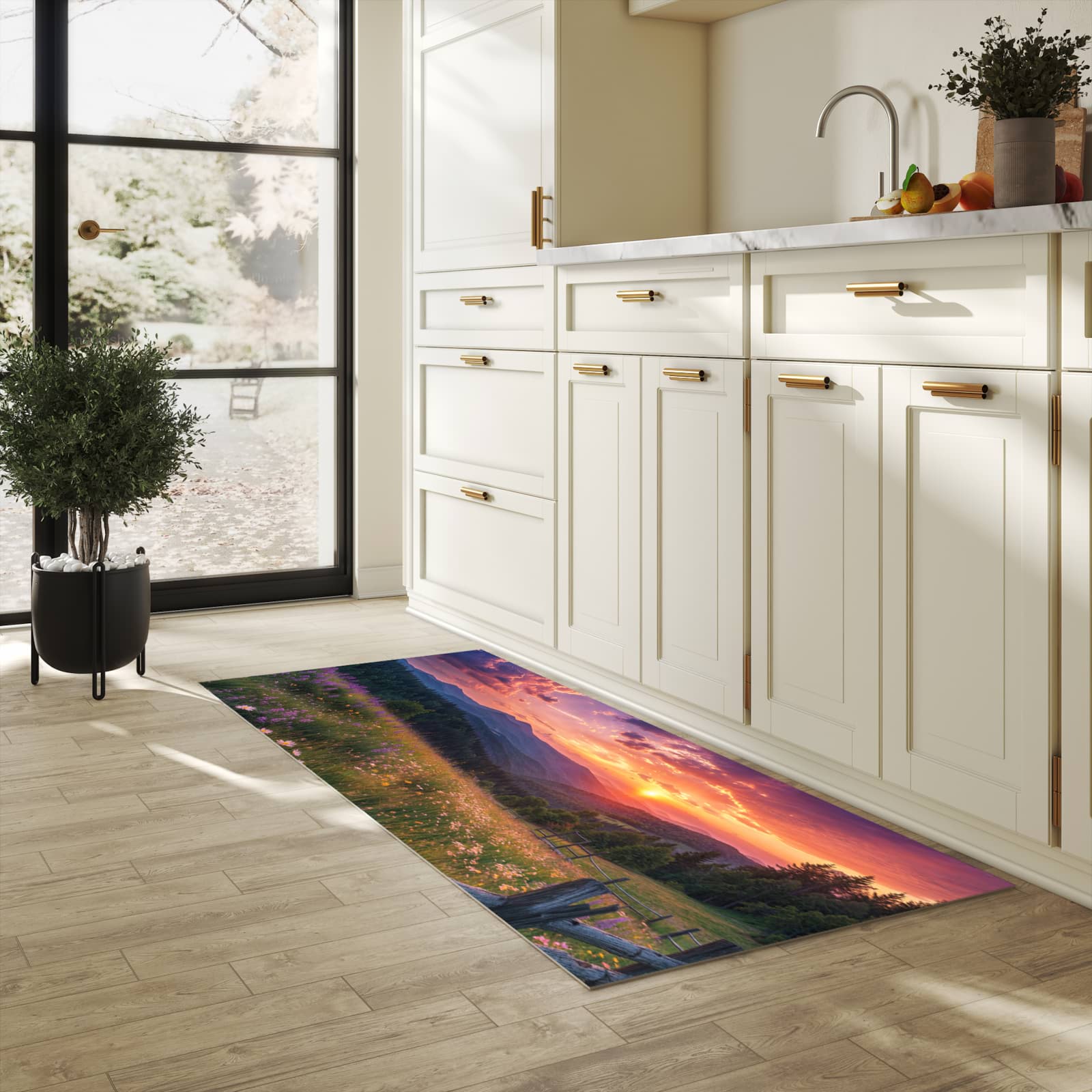 Hygienischer rutschfester Küchenteppich mit Motiv Wiese von Sonnenuntergang in heller Küche