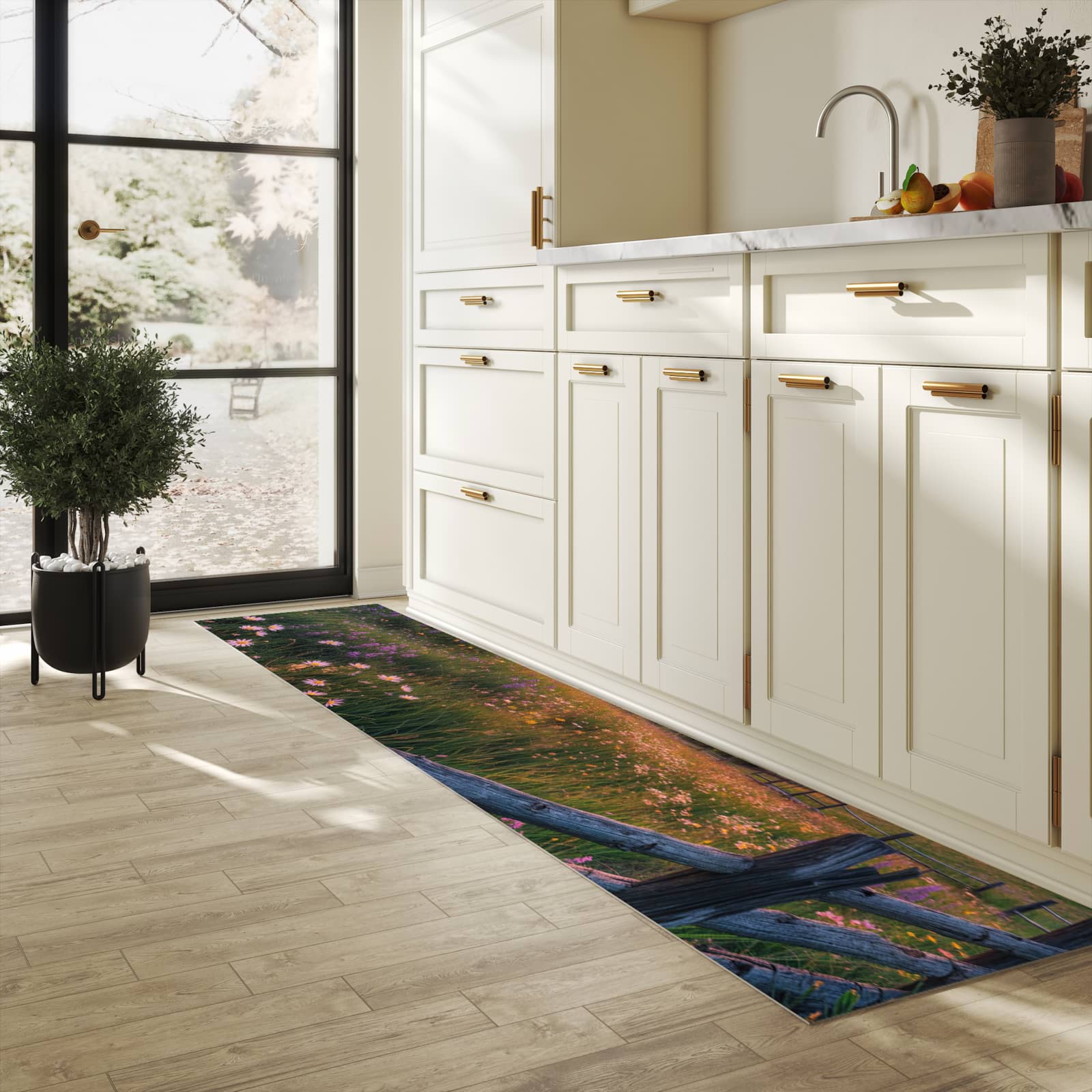 Pflegeleichter Läufer mit Motiv Wiese von Sonnenuntergang in heller Küche für einfache Reinigung