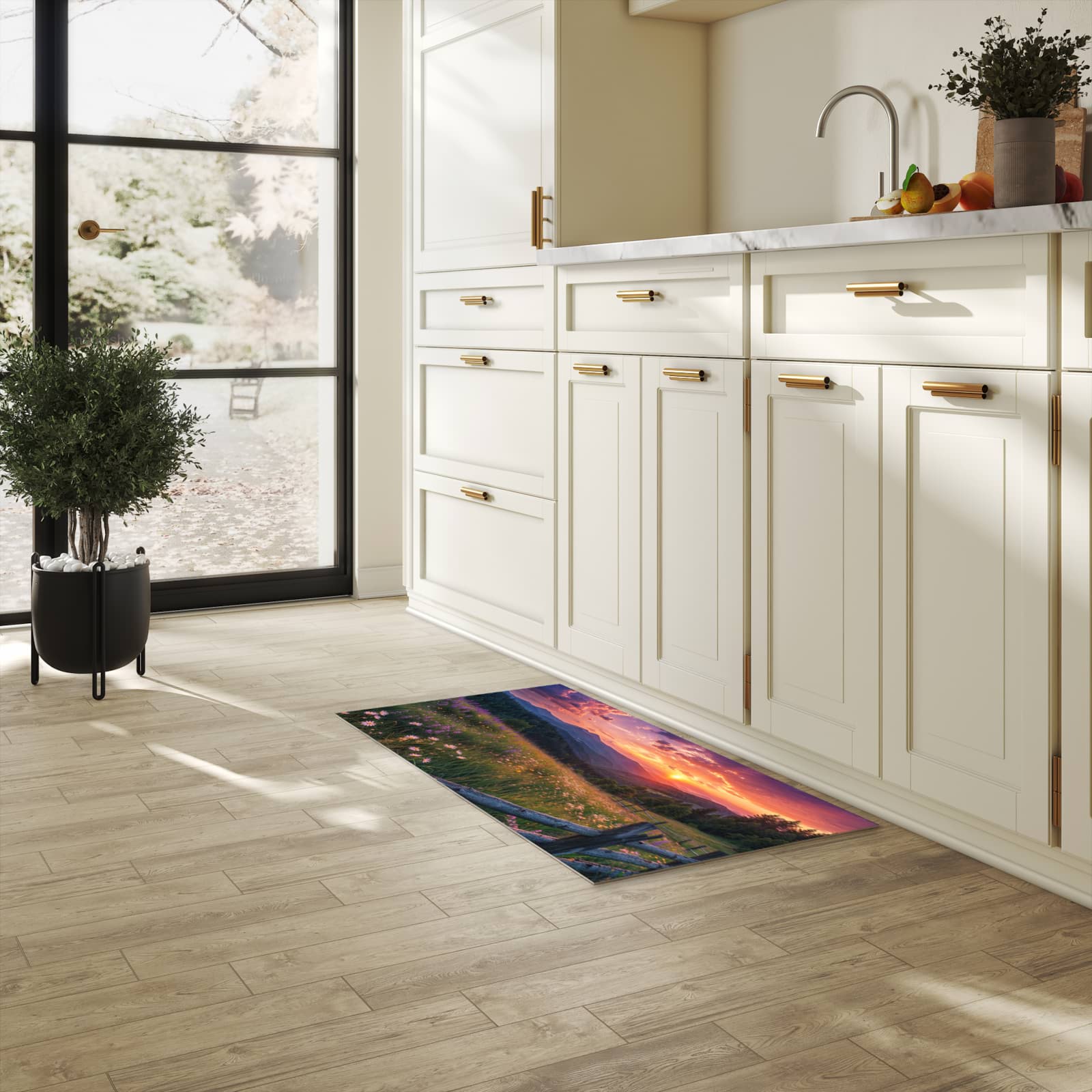 Langlebiger Teppichläufer mit Motiv Wiese von Sonnenuntergang in heller Küche