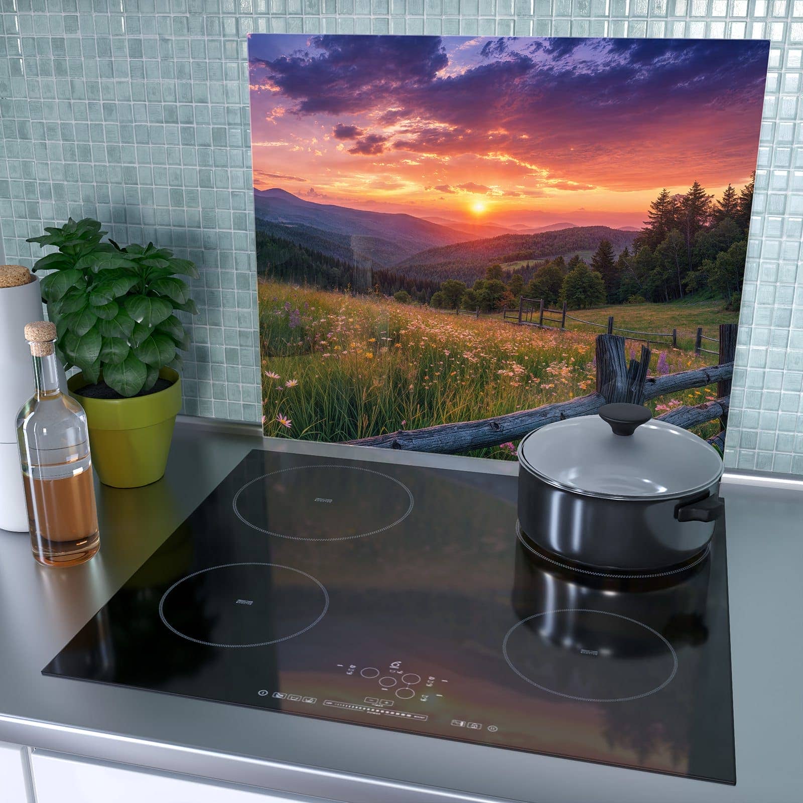 1-teilige Herdabdeckplatte aus Glas mit Blumenwiese mit Holzzaun-Motiv als Spritzschutz hinter dem Kochfeld