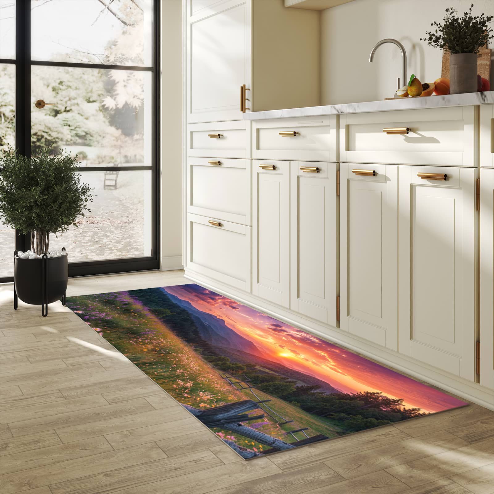 Feuchtigkeitsresistenter Bodenläufer mit Motiv Wiese von Sonnenuntergang in heller Küche