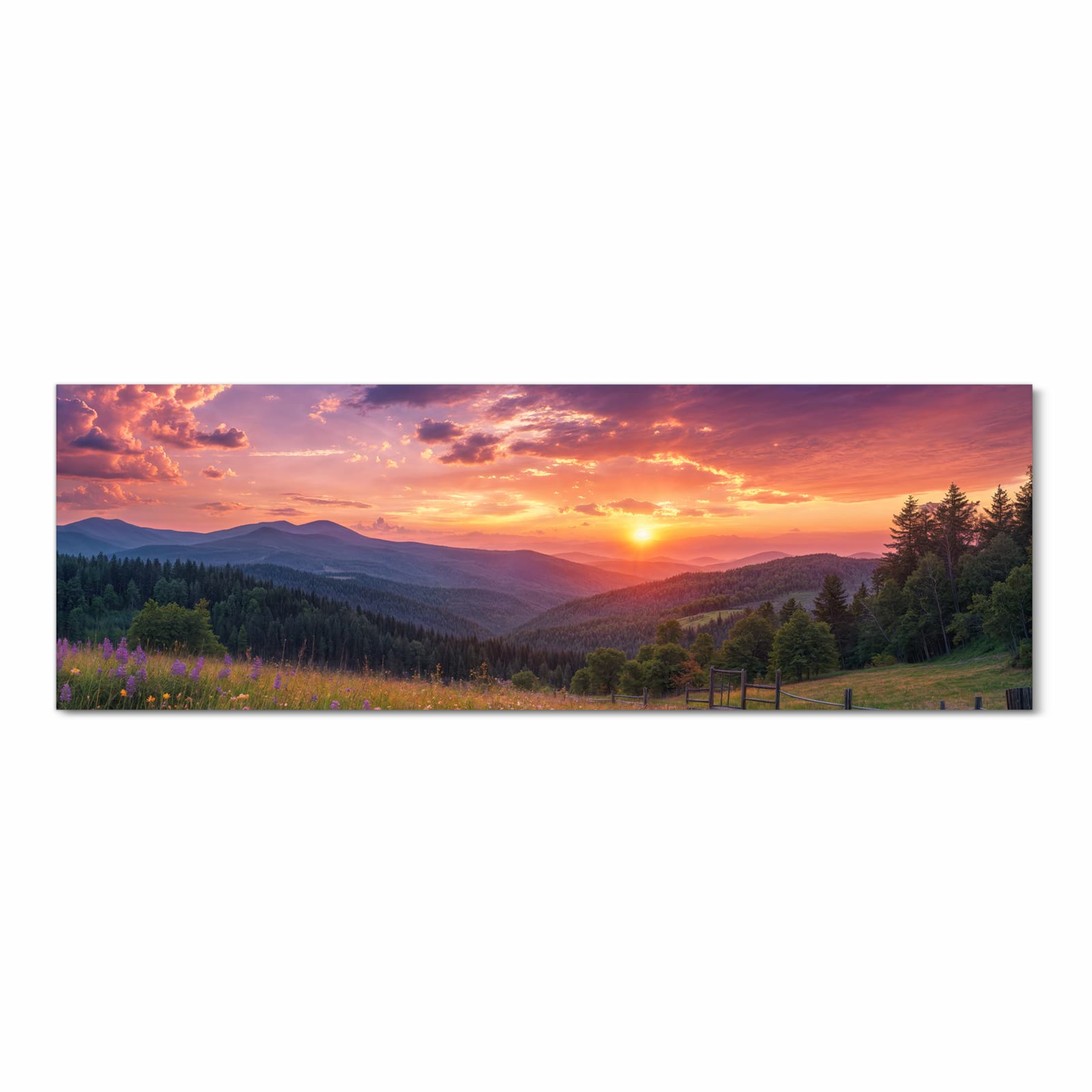 Waschbarer Teppich für Esstisch mit Motiv Wiese von Sonnenuntergang in Frontansicht sicher aufbewahrt