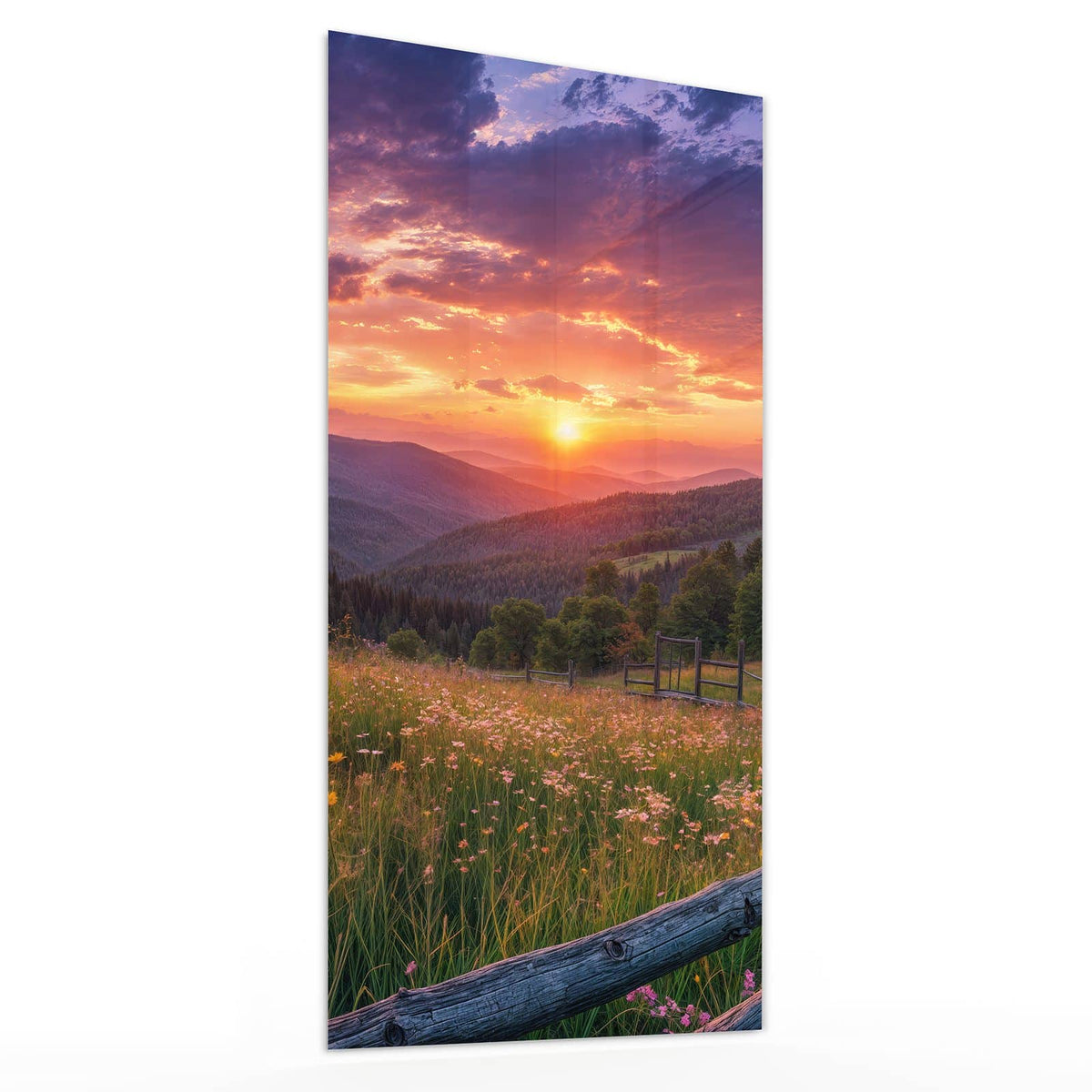 Glasbild Blumenwiese mit Holzzaun von der Seite, 4 mm Echtglas