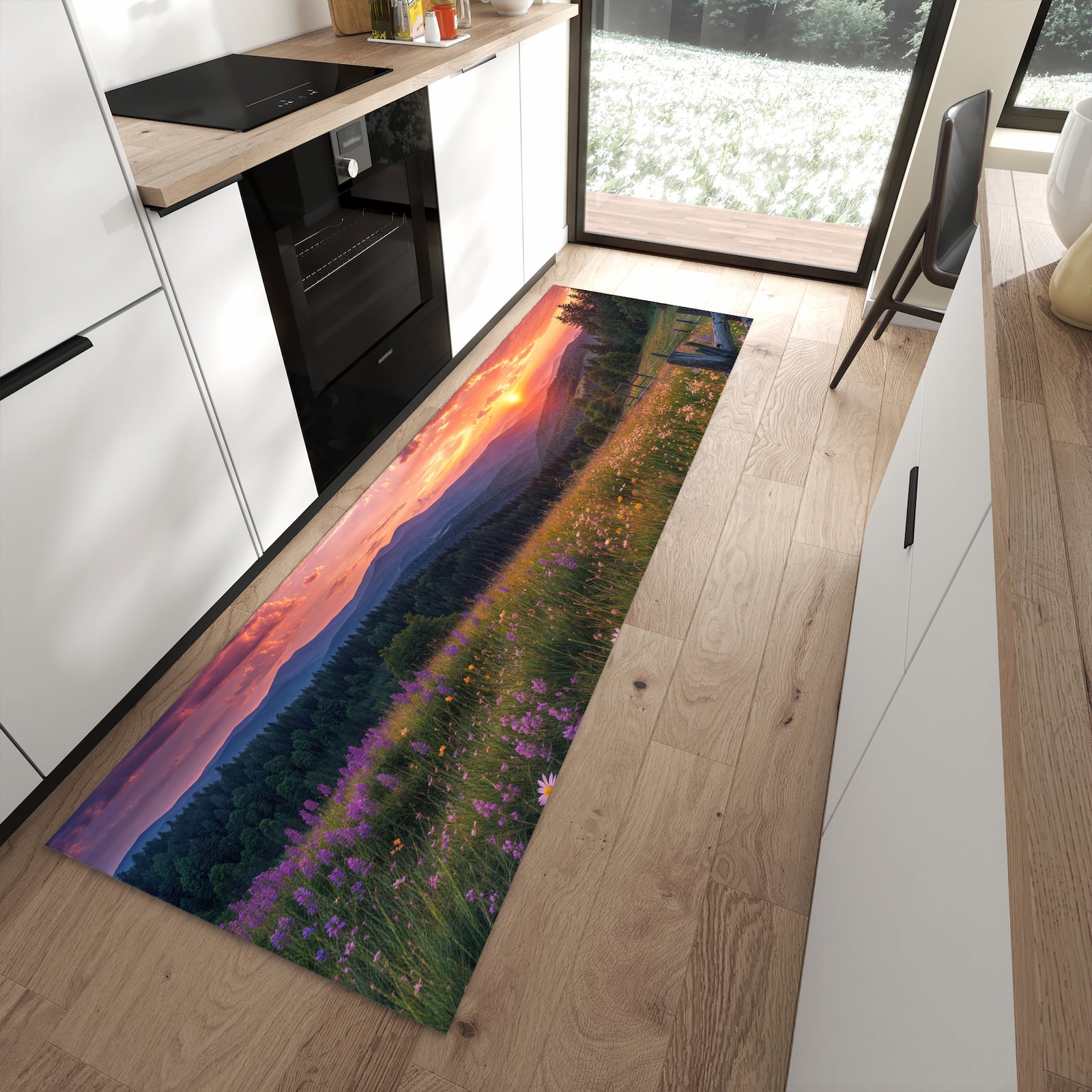 Abriebfester rutschfester Läufer mit Motiv Wiese von Sonnenuntergang in moderner Küche