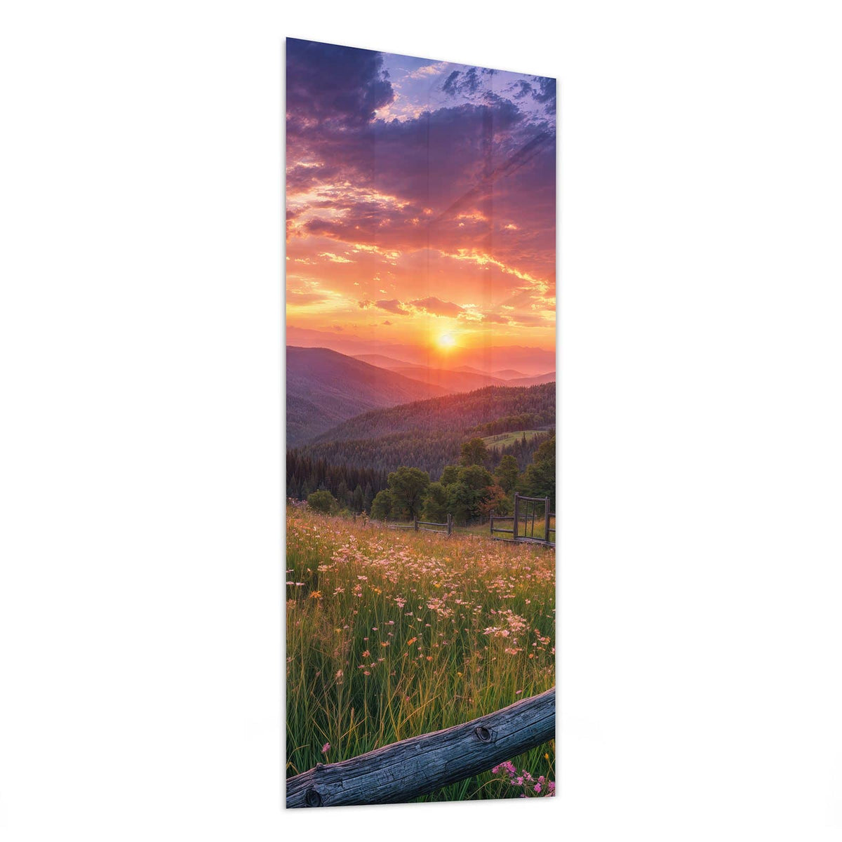Glasbild Blumenwiese mit Holzzaun von der Seite, 4 mm Echtglas