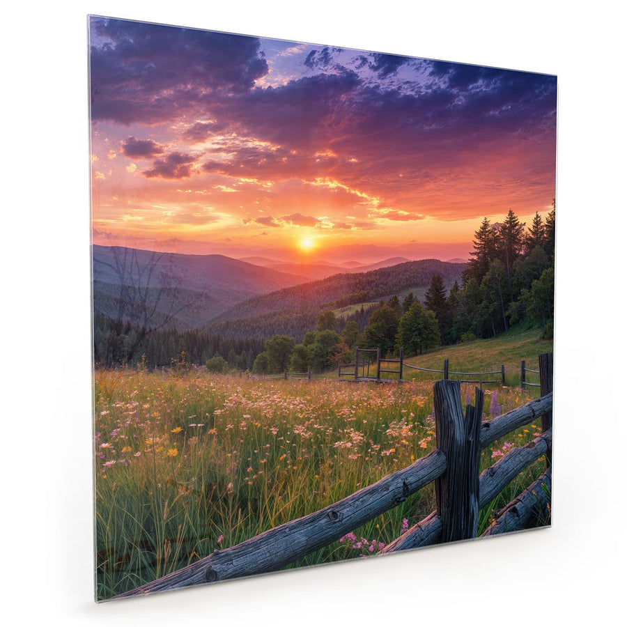 Maße Küchenrückwand Blumenwiese mit Holzzaun aus Glas