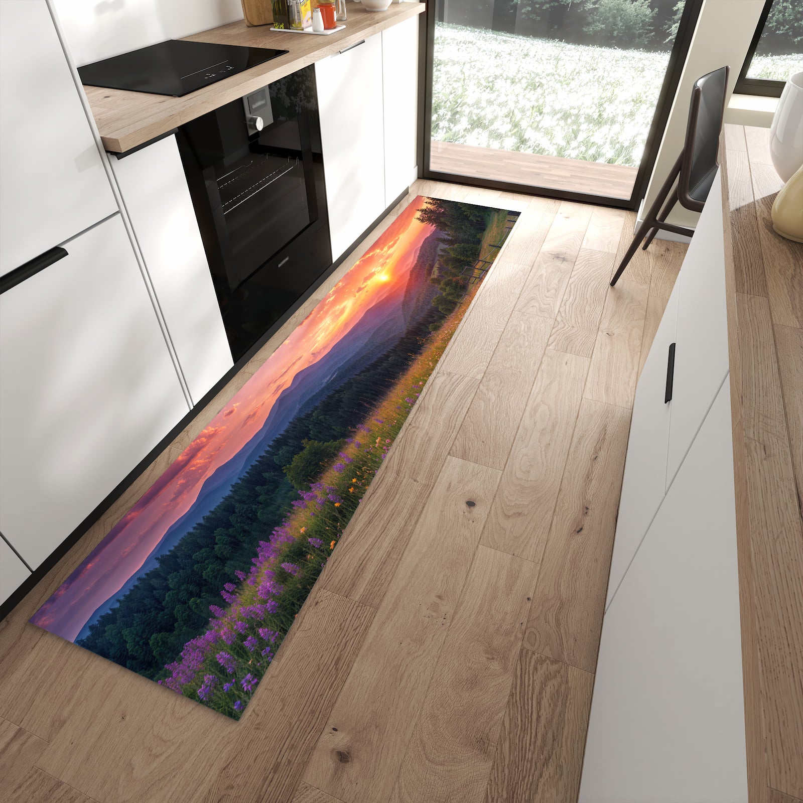 Formstabiler waschbarer Läufer für die Küche mit Motiv Wiese von Sonnenuntergang in moderner Küche