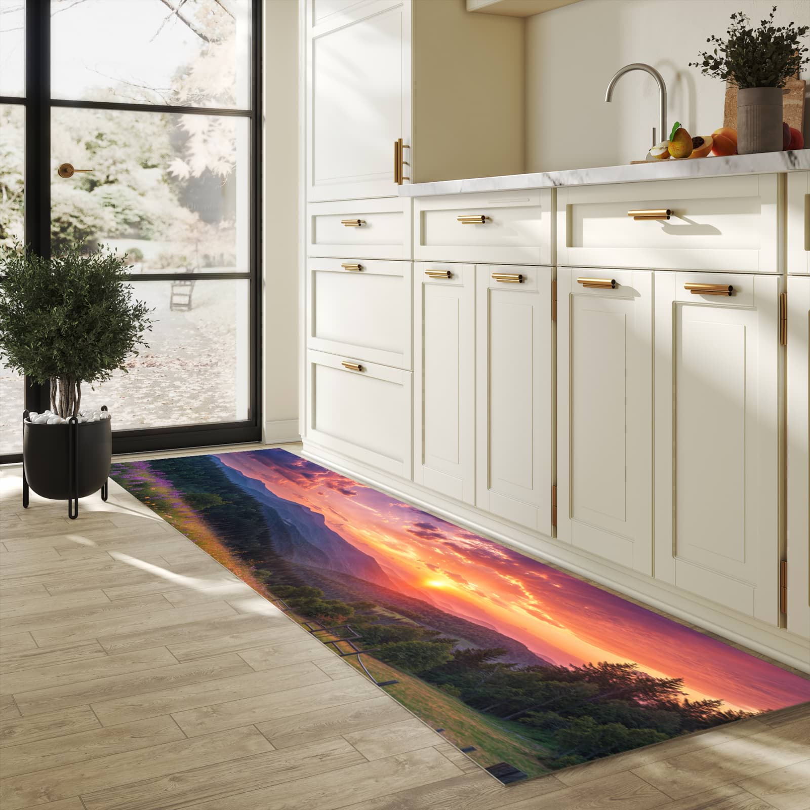 Langlebiger Teppich für Esstisch mit Motiv Wiese von Sonnenuntergang in heller Küche, waschbar