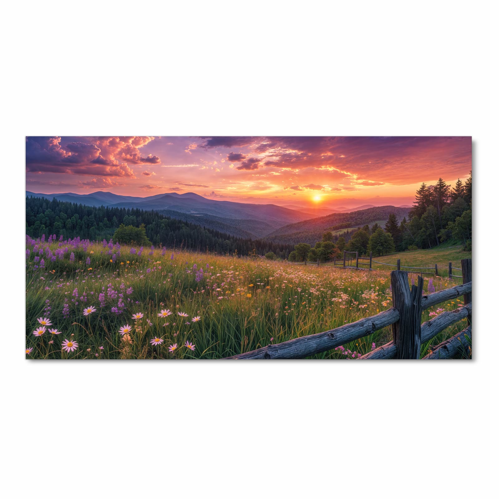 Farbbeständiger dünner Küchenteppich mit Motiv Wiese von Sonnenuntergang in Frontansicht, waschbar