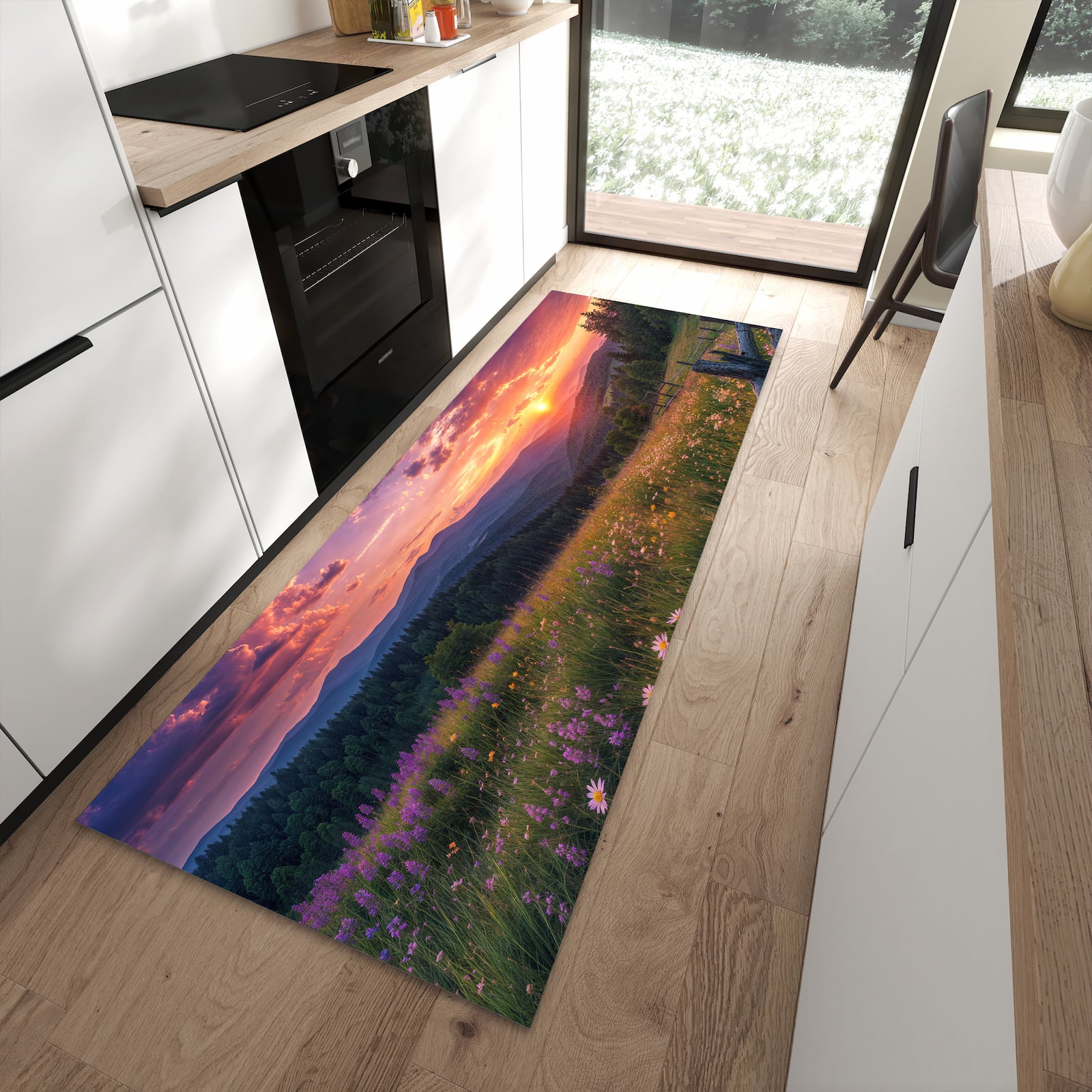 Fleckenresistenter waschbarer Teppich mit Motiv Wiese von Sonnenuntergang in moderner Küche