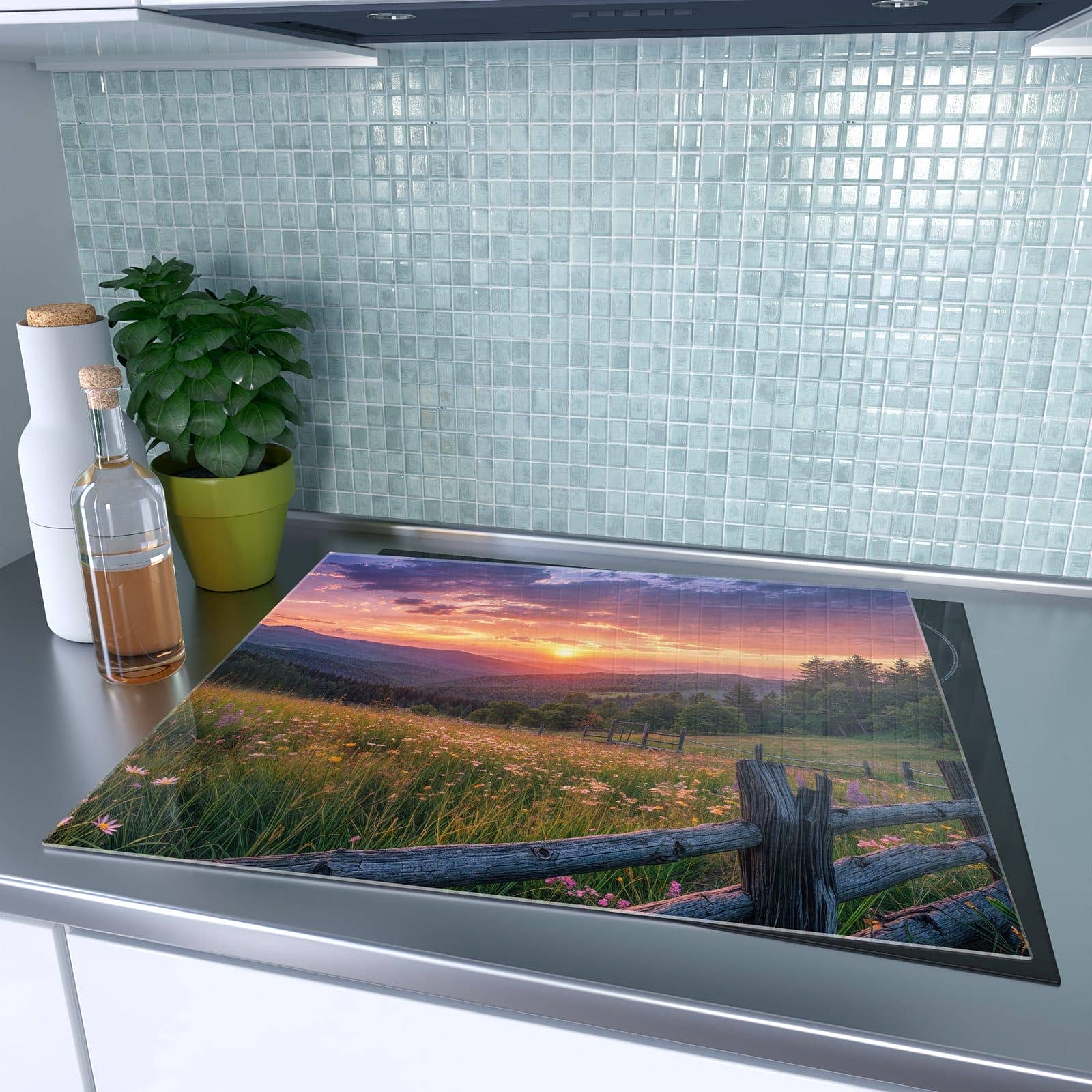 1-teilige Herdabdeckplatten für Ceranfeld mit Blumenwiese mit Holzzaun-Motiv auf dem Ceranfeld