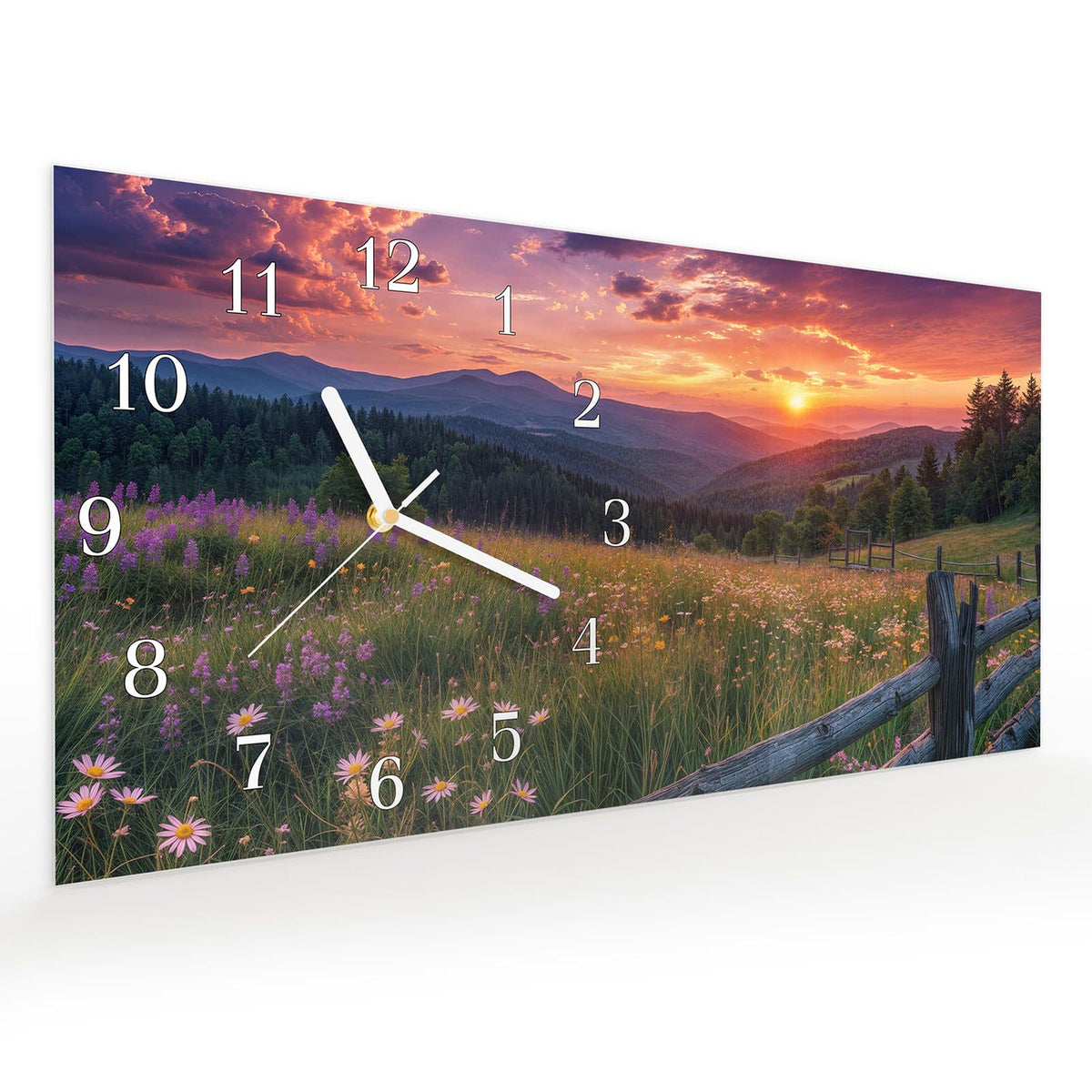Vormontiert – mit Schwebeeffekt – Wanduhr Blumenwiese mit Holzzaun aus Glas – Querformat 60 × 30 cm