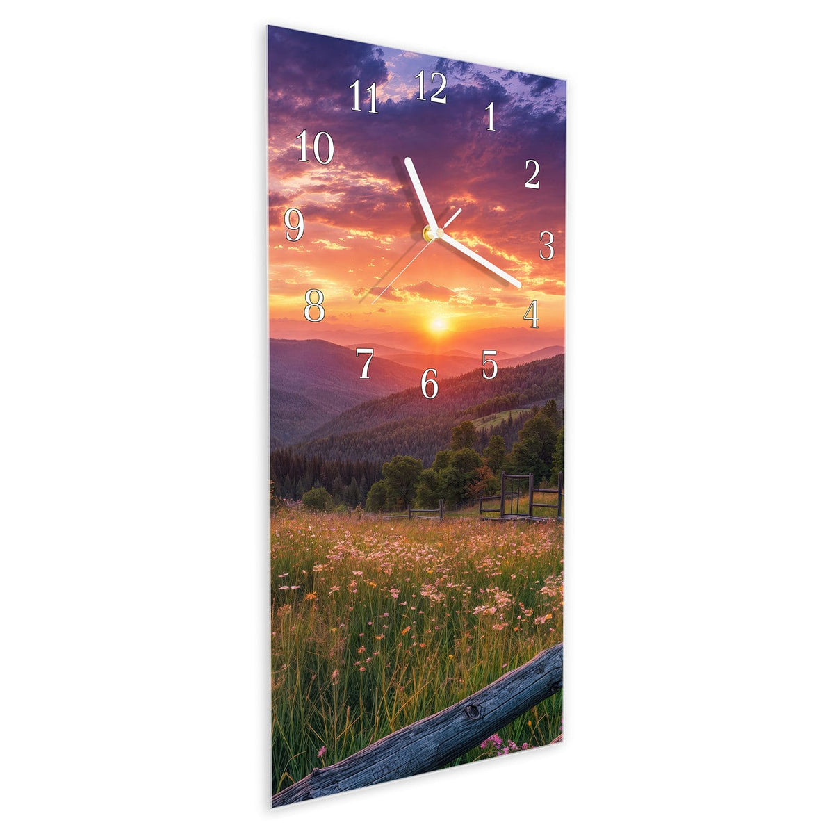 Vormontiert – mit Schwebeeffekt – Wanduhr Blumenwiese mit Holzzaun aus Glas – Hochformat 30 × 60 cm