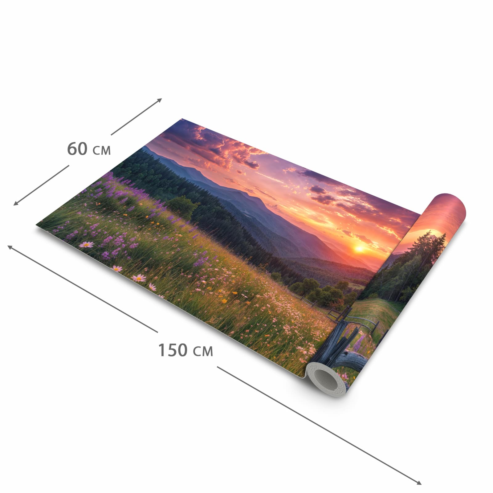 Formstabiler Küchenteppich mit Motiv Wiese von Sonnenuntergang in der Grösse 60x270 cm