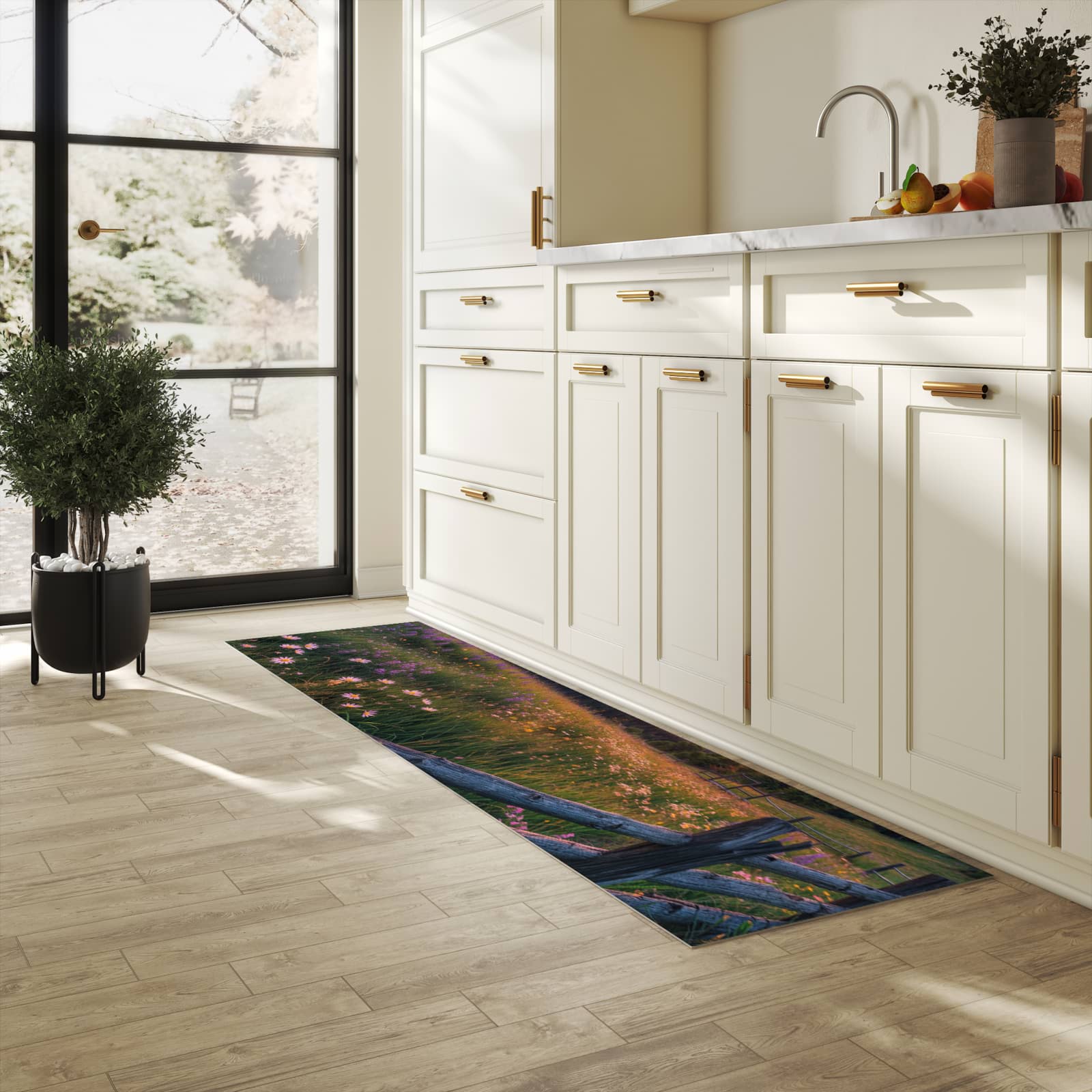 Komfortabler langer Teppich mit Motiv Wiese von Sonnenuntergang in heller Küche