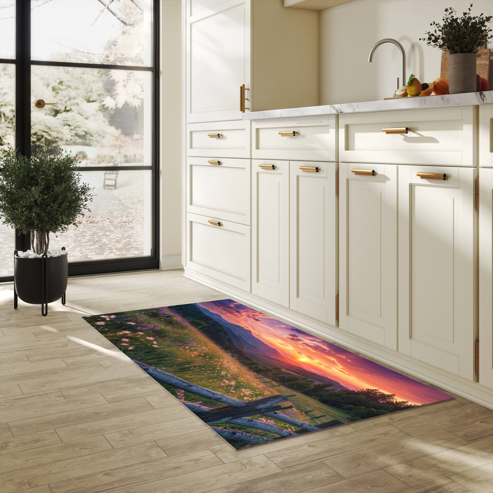 Rutschfester Küchenteppich mit Motiv Wiese von Sonnenuntergang in heller Küche