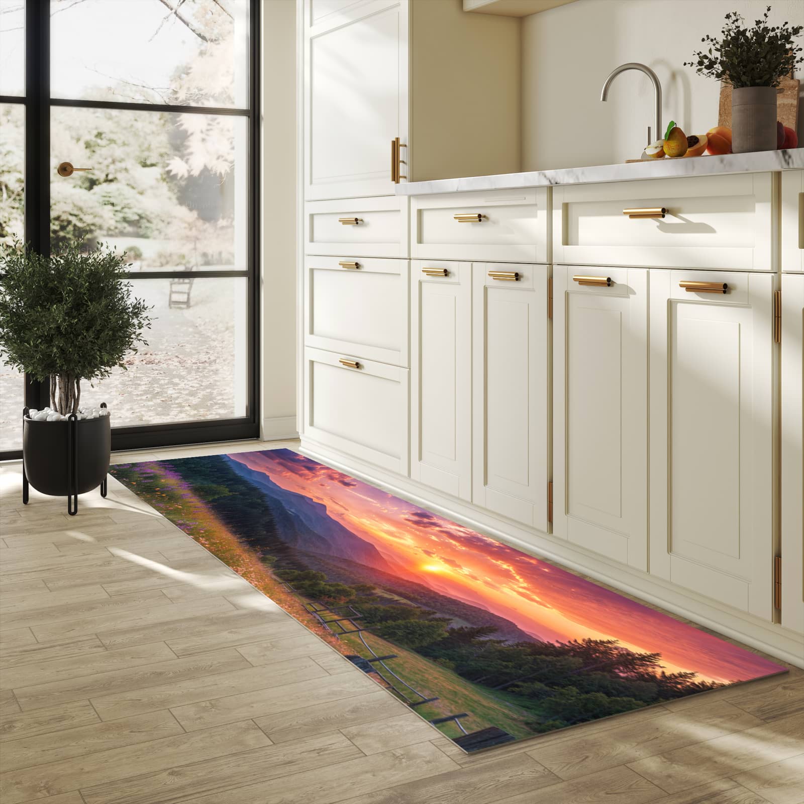 Waschbarer Teppich fürs Esszimmer mit Motiv Wiese von Sonnenuntergang in heller Küche