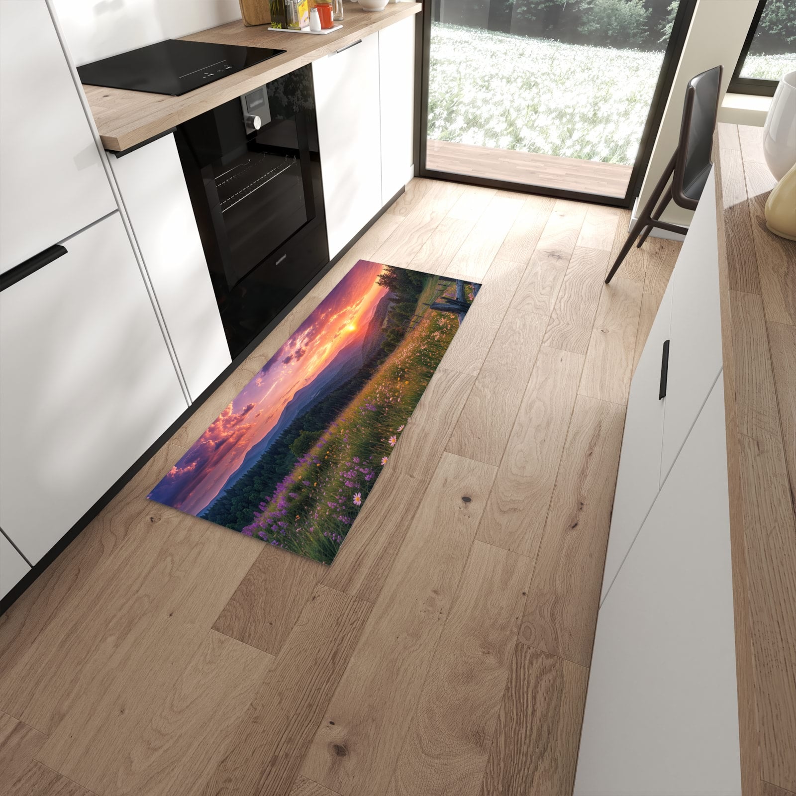 Ordnungsschaffender Küchenläufer mit Motiv Wiese von Sonnenuntergang in moderner Küche #grösse_60 x 150 cm