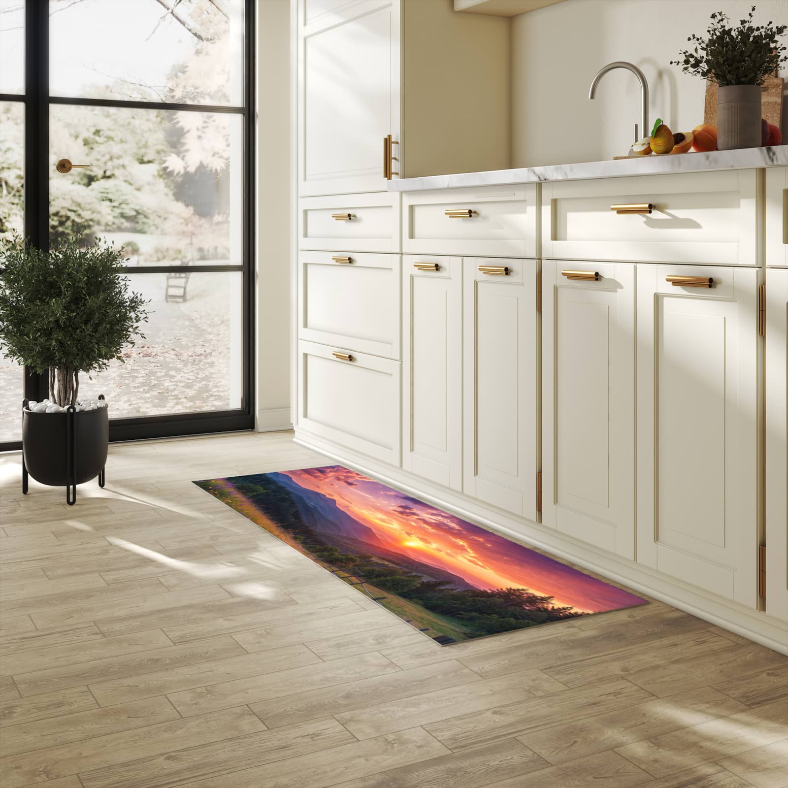 Pflegeleichter waschbarer Küchenläufer mit Motiv Wiese von Sonnenuntergang in heller Küche