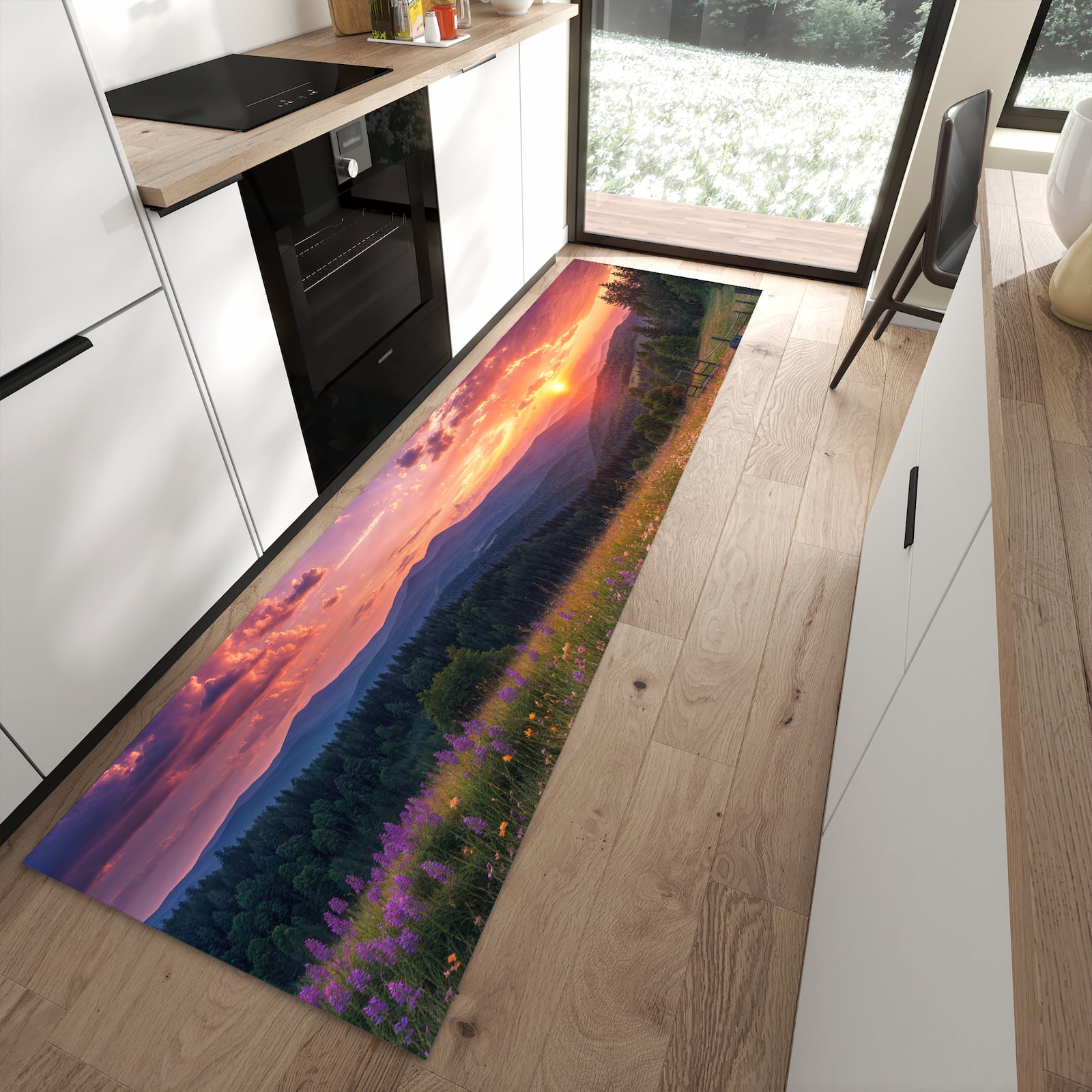 UV-beständiger dünner Teppich mit Motiv Wiese von Sonnenuntergang in moderner Küche