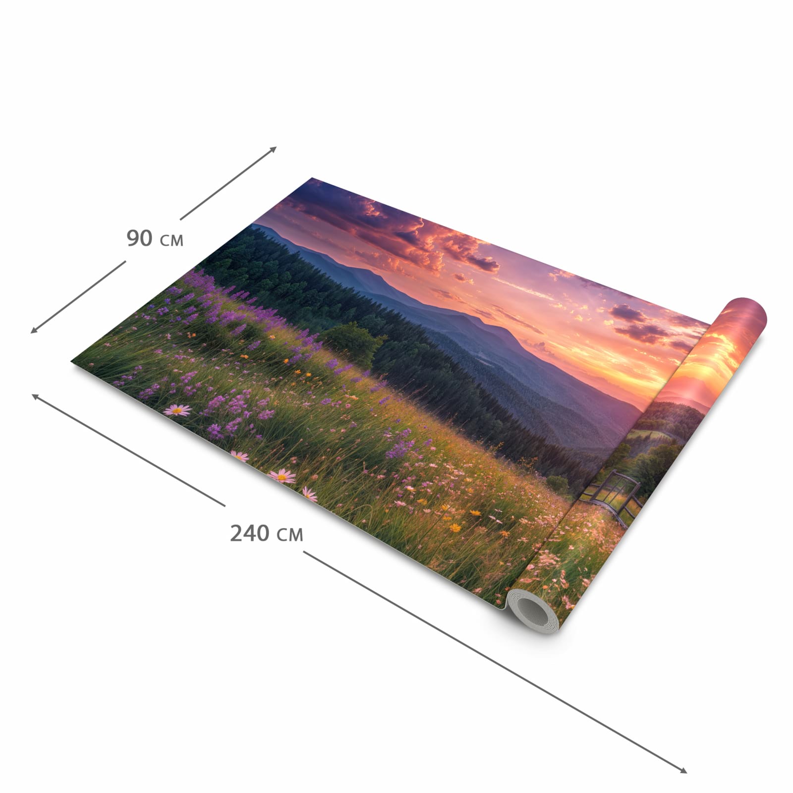 Langlebiger Küchenläufer mit Motiv Wiese von Sonnenuntergang in der Grösse 60x270 cm