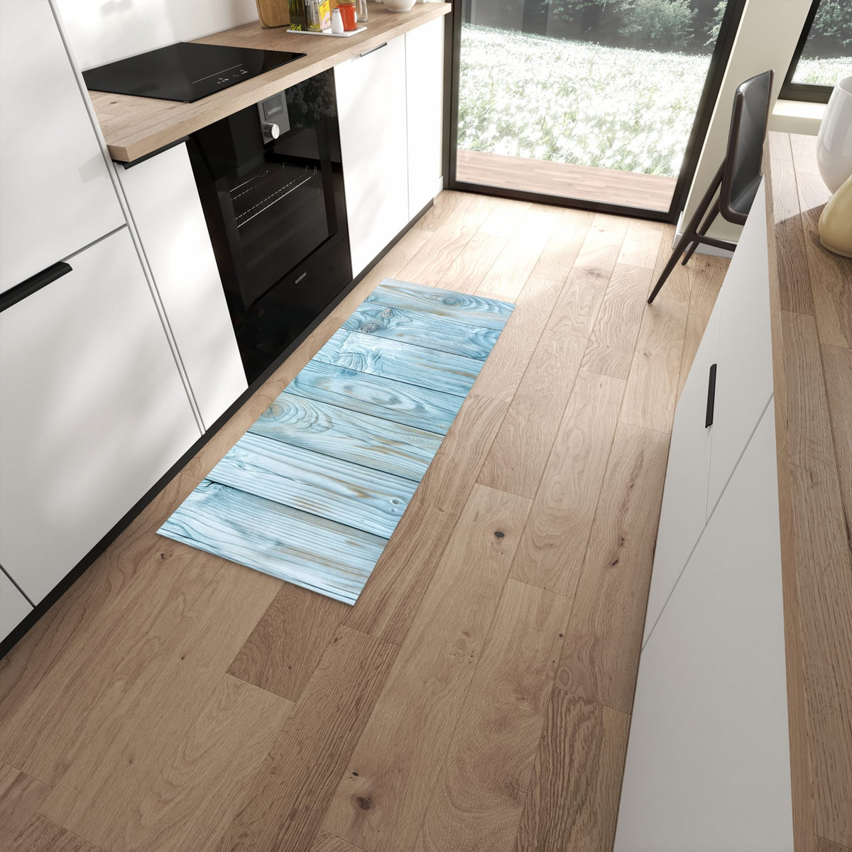 Rutschfester Küchenläufer mit Motiv Holzbretterdekor in moderner Küche #grösse_60 x 150 cm