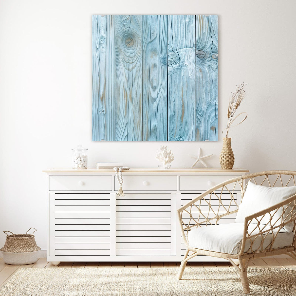 Echtglas, 4 mm – kein Acryl, keine Folie – Wandbild - Hellblaue Holzbretter - Quadratisch