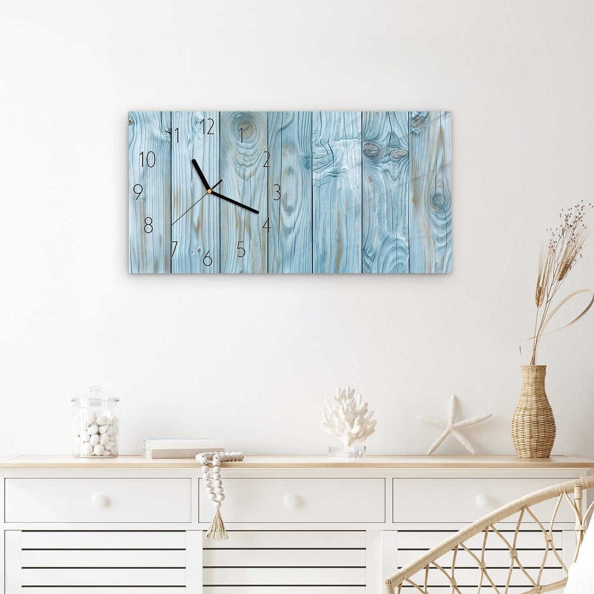 Wanduhr Holzbretterdekor aus Glas – Querformat 60 × 30 cm – Türkisblaue Holzbretter mit Maserung
