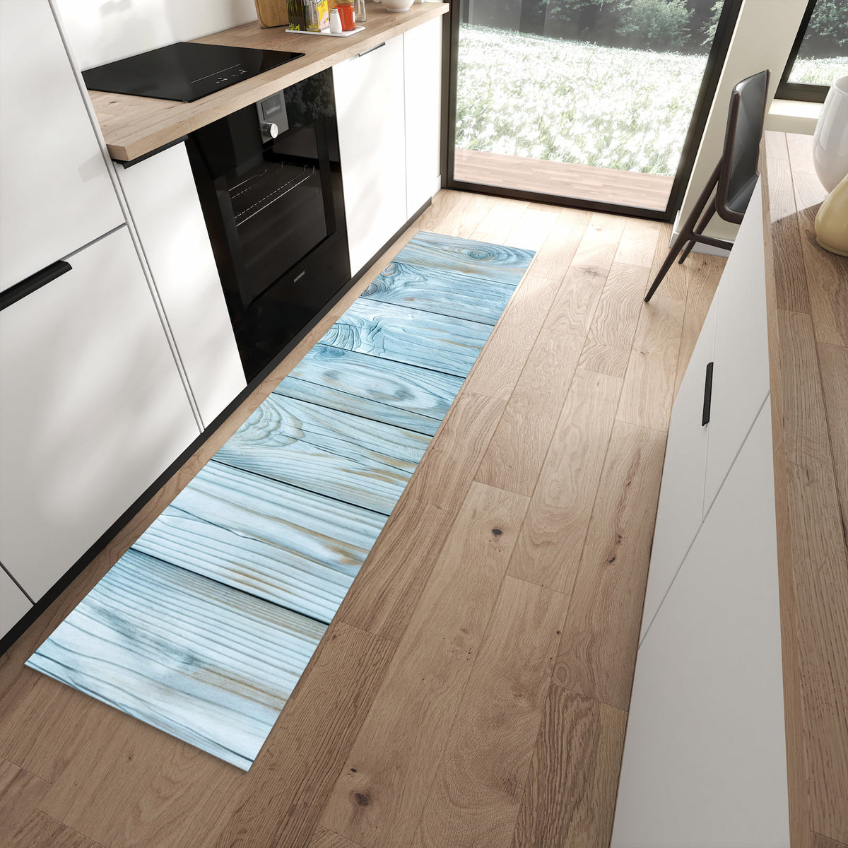 Küchenteppich mit Motiv Holzbretterdekor für angenehme Haptik in moderner Küche