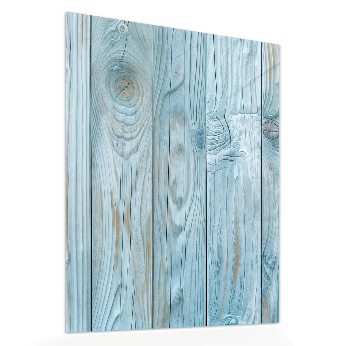 Echtglas, 4 mm – kein Acryl, keine Folie – Wandbild - Hellblaue Holzbretter - Hochformat