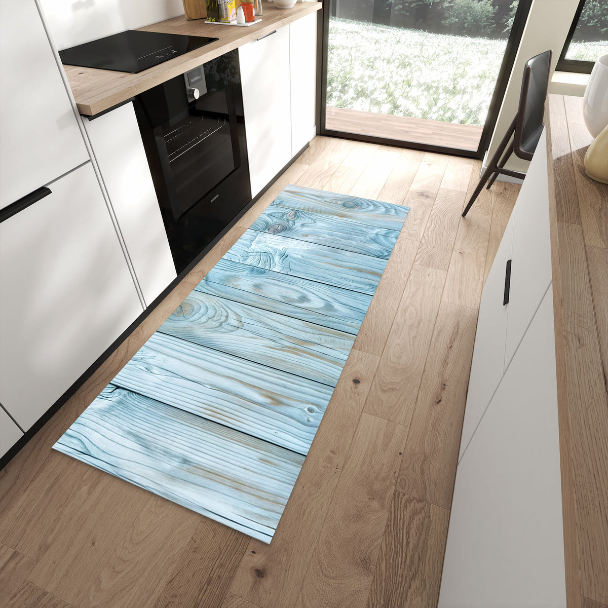 Langlebiger Küchenläufer mit Motiv Holzbretterdekor in moderner Küche