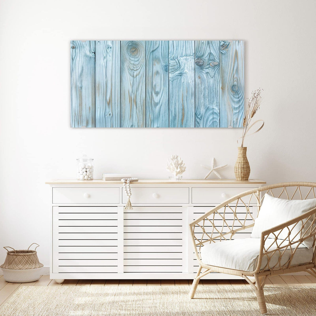 Echtglas, 4 mm – kein Acryl, keine Folie – Wandbild - Hellblaue Holzbretter - Querformat