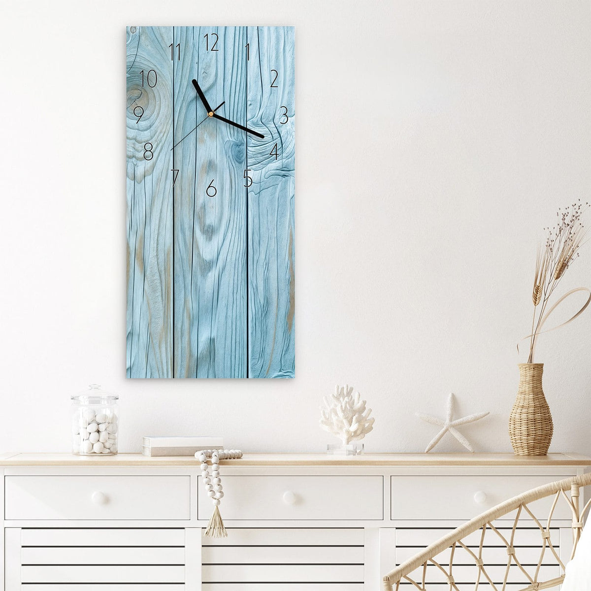 Wanduhr Holzbretterdekor aus Glas – Türkisblaue Holzbretter mit Maserung